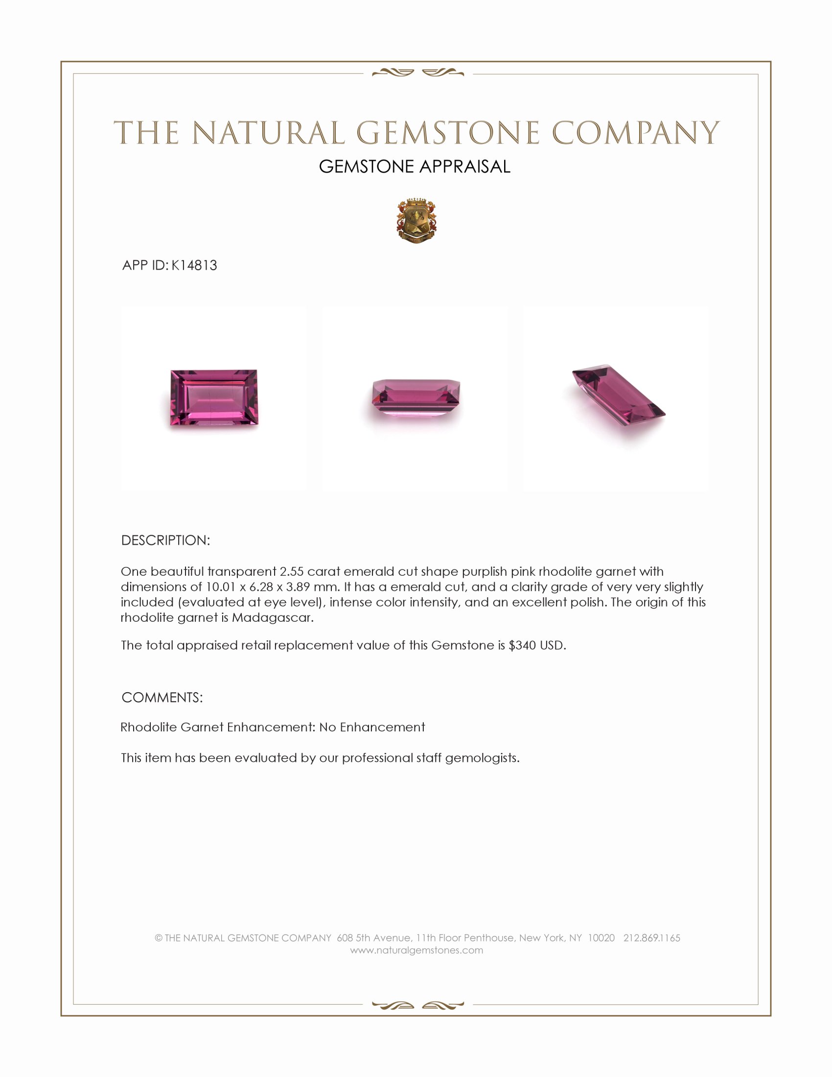 2.55 Ct. Purplish Pink Rhodolite Garnet from Madagascar
