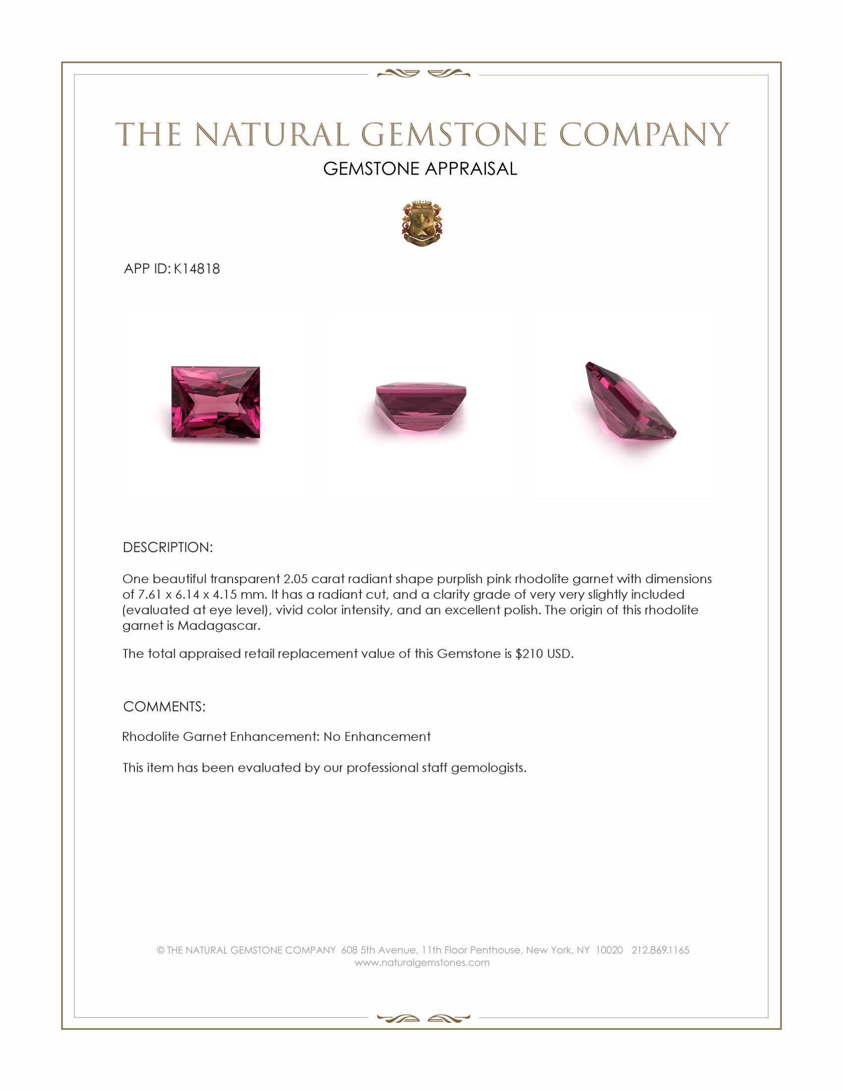 2.05 Ct. Purplish Pink Rhodolite Garnet from Madagascar