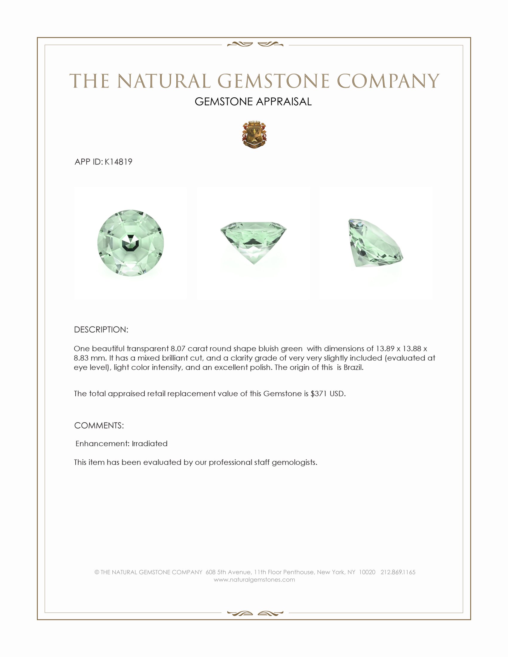 8.07 Ct. Bluish Green Prasiolite from Brazil