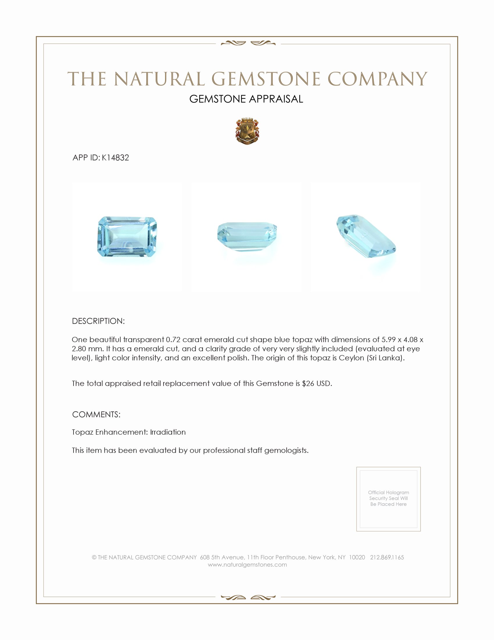 0.72 Ct. Topaz from Ceylon (Sri Lanka)