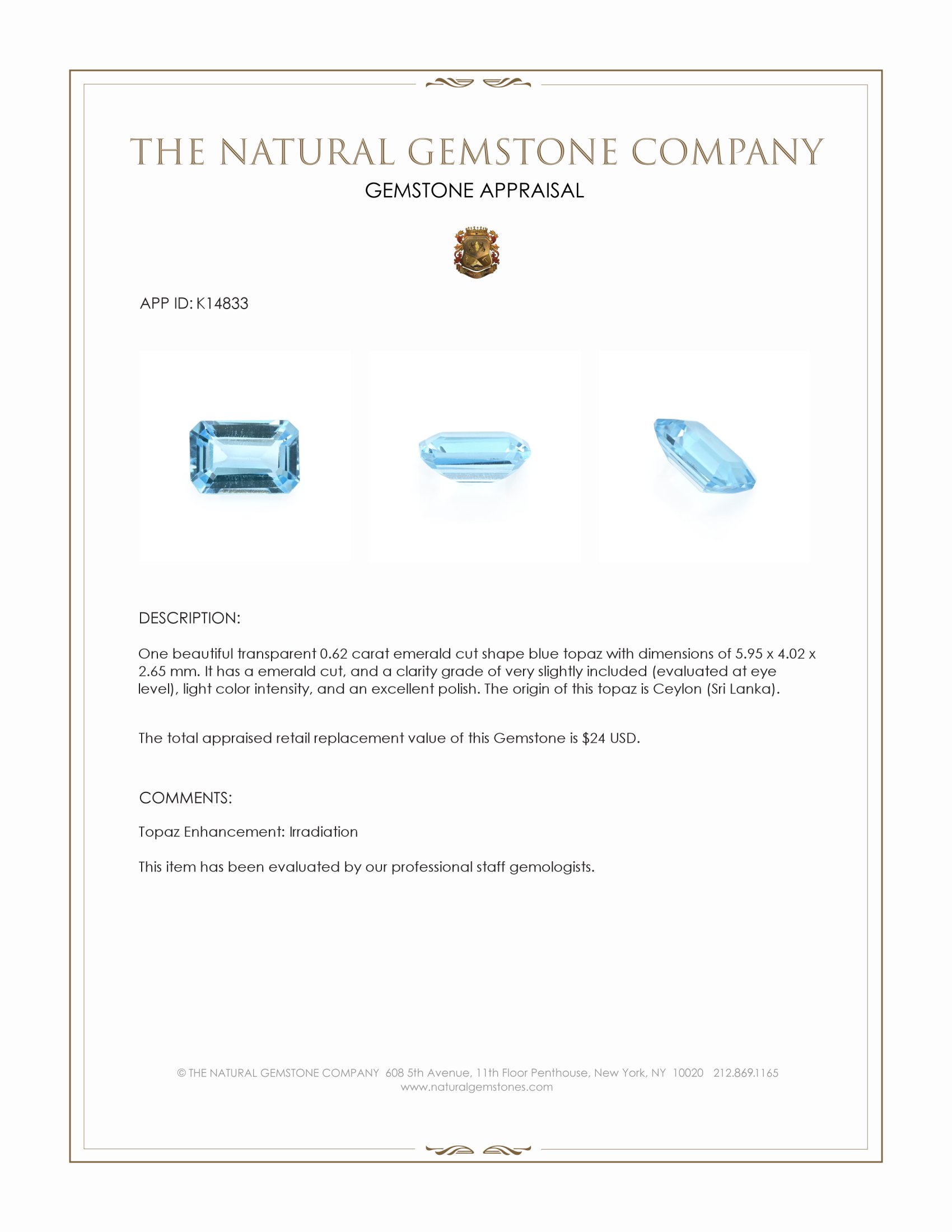 0.62 Ct. Topaz from Ceylon (Sri Lanka)