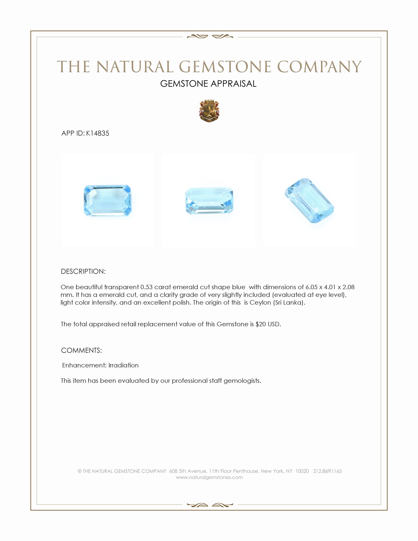 0.53 Ct. Blue Topaz from Ceylon (Sri Lanka)