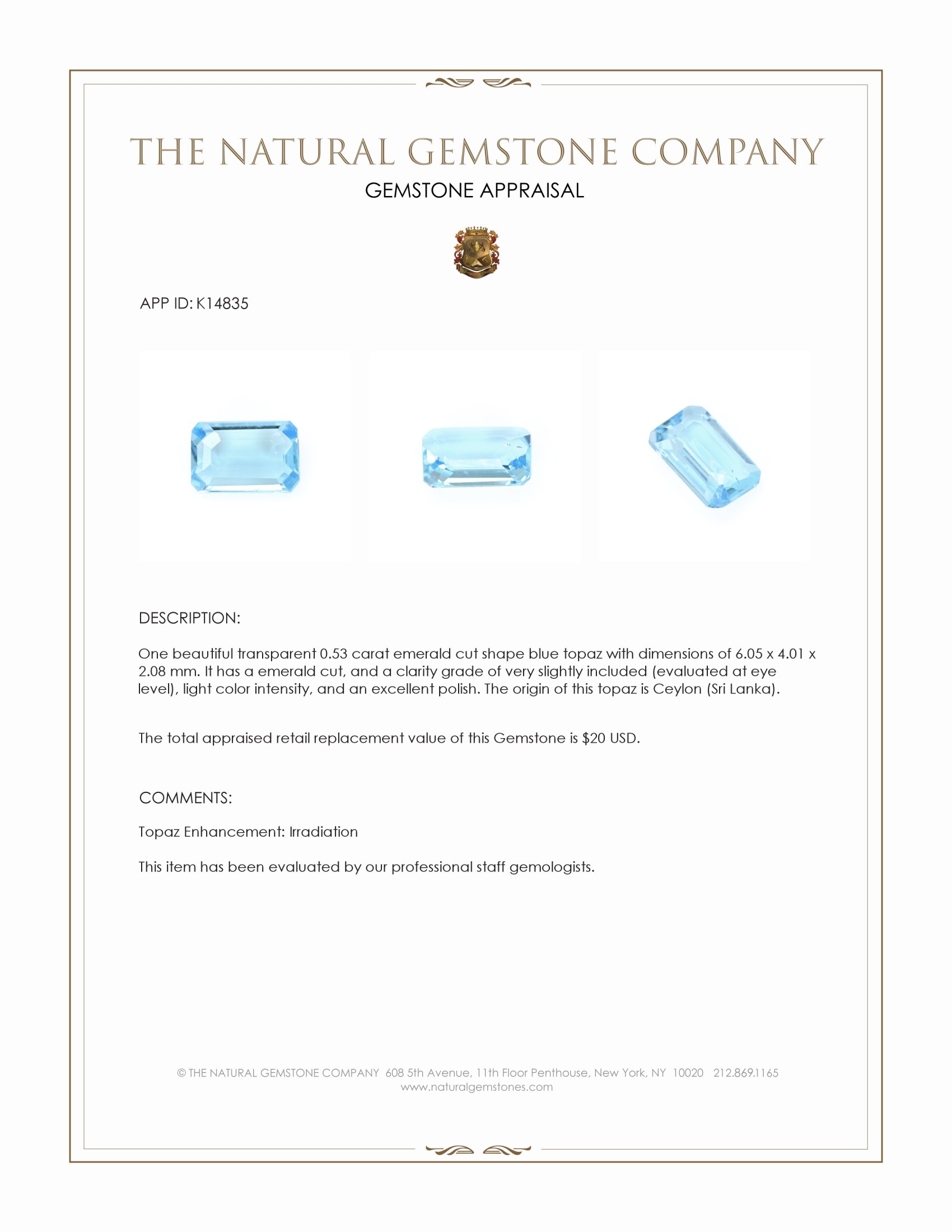 0.53 Ct. Topaz from Ceylon (Sri Lanka)