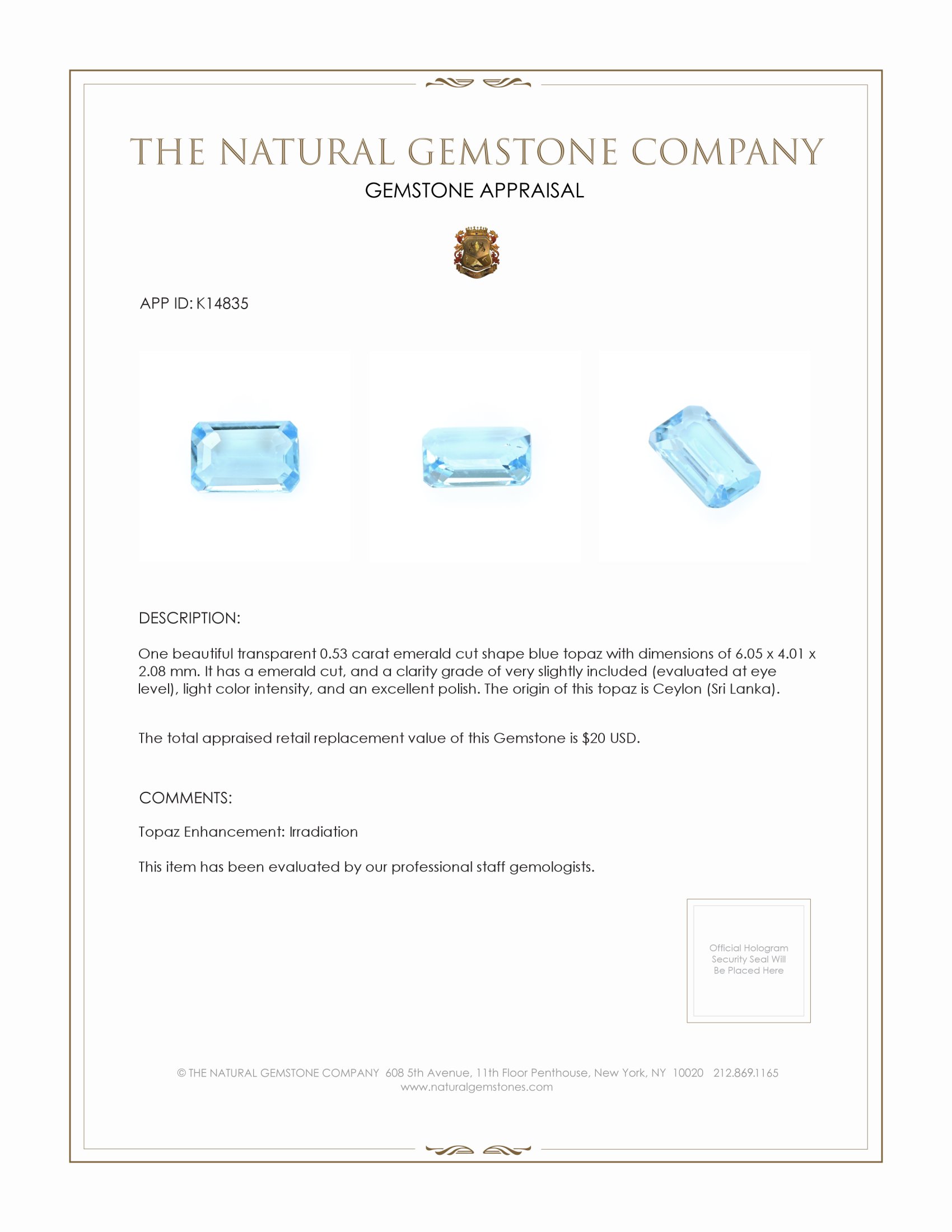 0.53 Ct. Topaz from Ceylon (Sri Lanka)