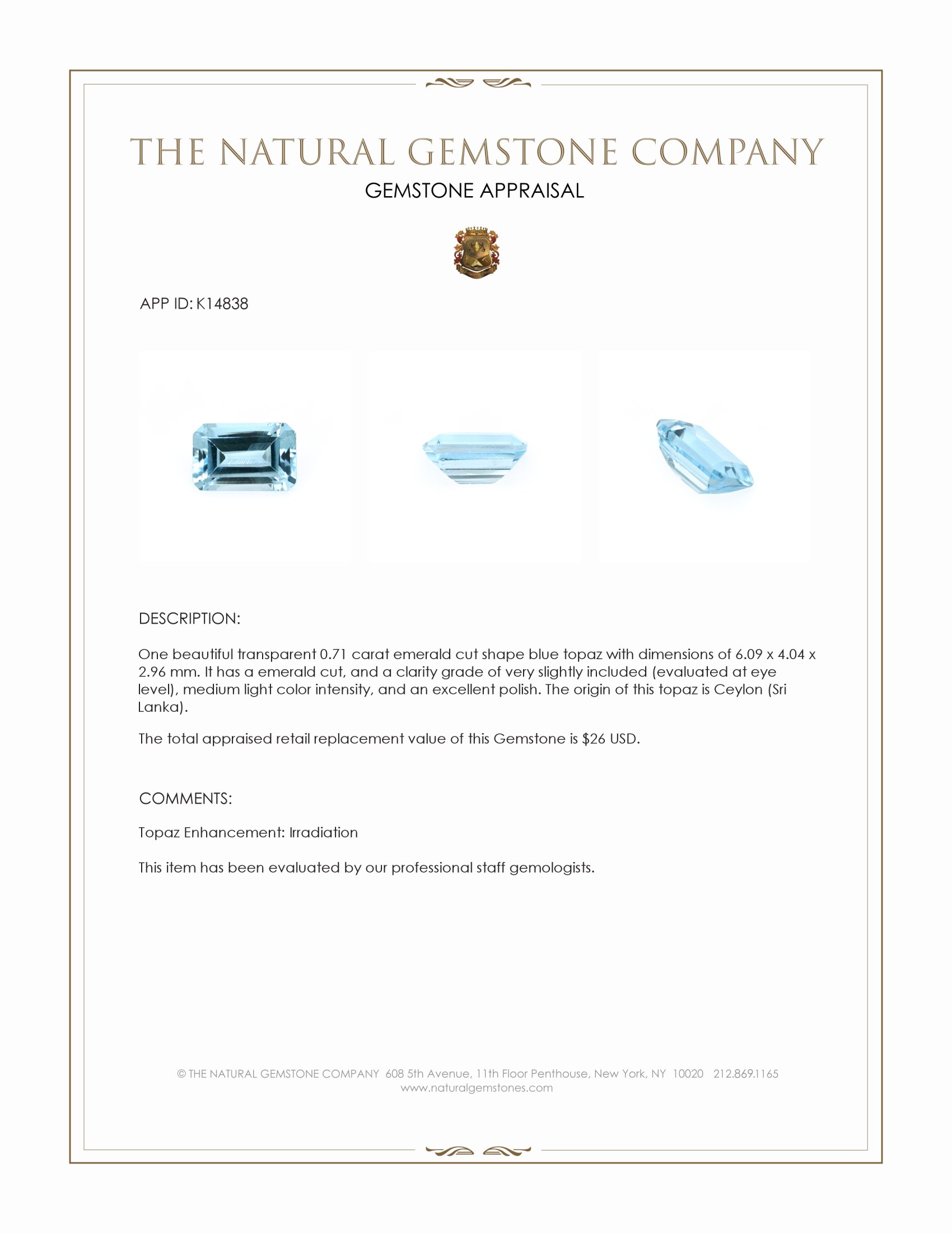 0.71 Ct. Topaz from Ceylon (Sri Lanka)