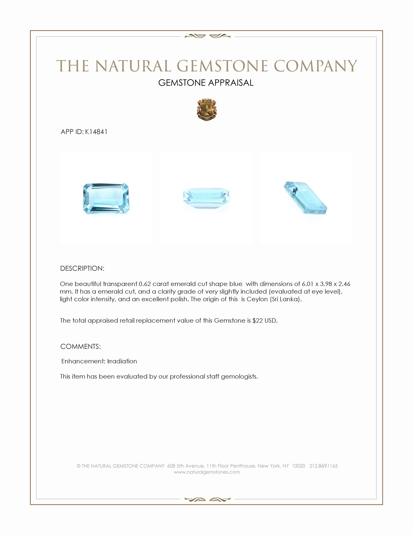 0.62 Ct. Blue Topaz from Ceylon (Sri Lanka)