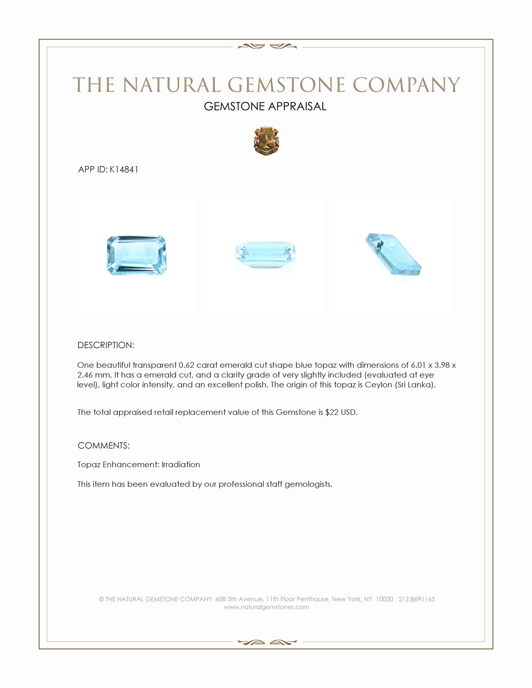 0.62 Ct. Topaz from Ceylon (Sri Lanka)