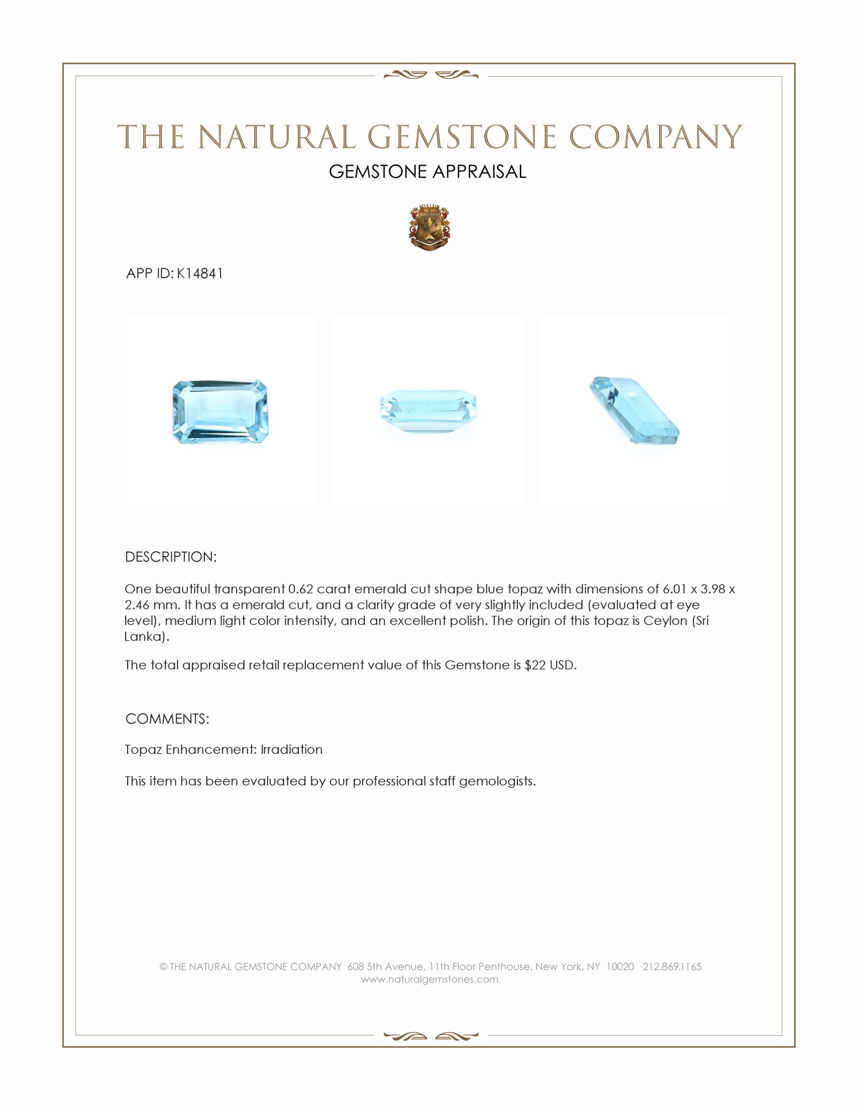 0.62 Ct. Topaz from Ceylon (Sri Lanka)