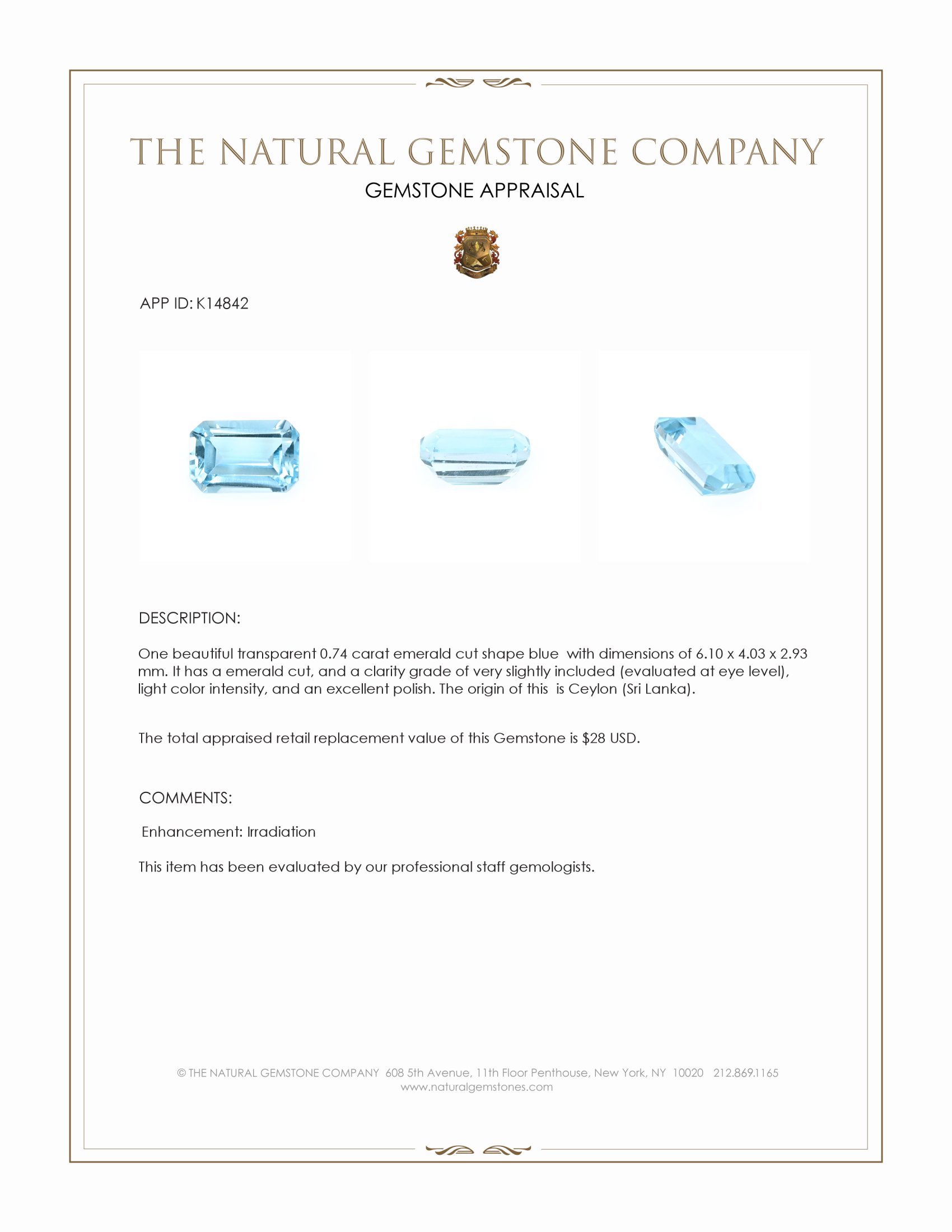 0.74 Ct. Blue Topaz from Ceylon (Sri Lanka)