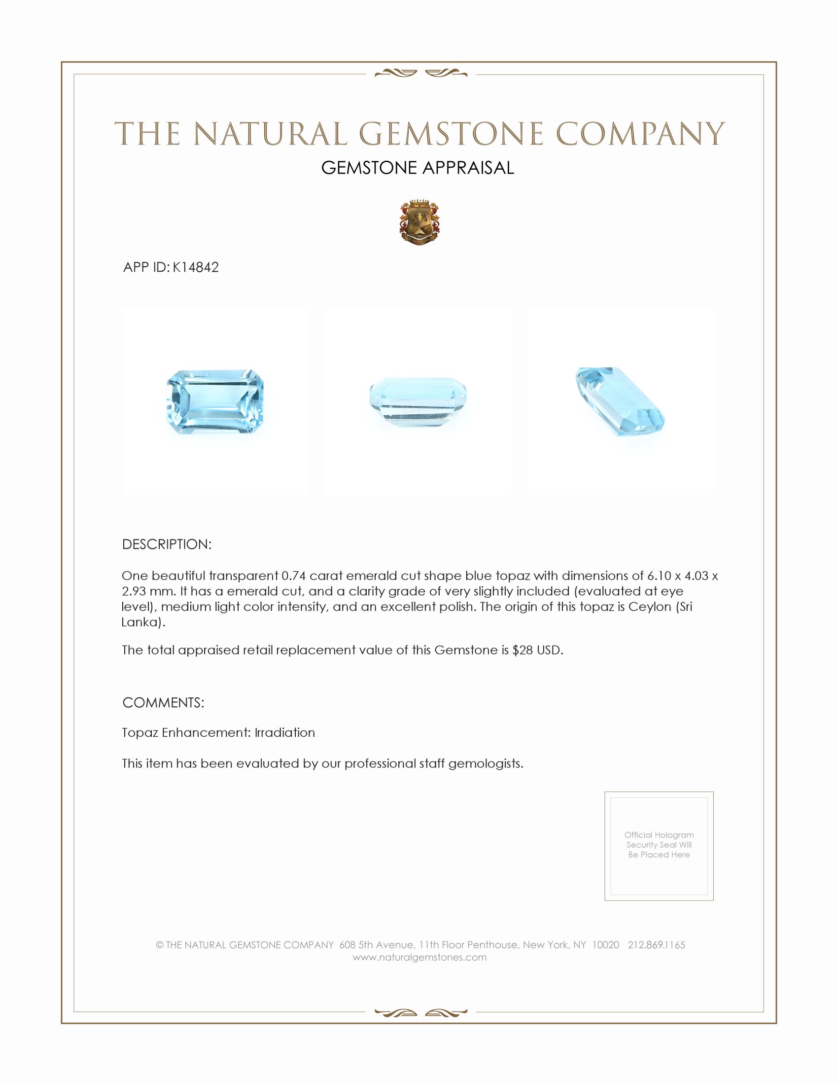 0.74 Ct. Topaz from Ceylon (Sri Lanka)