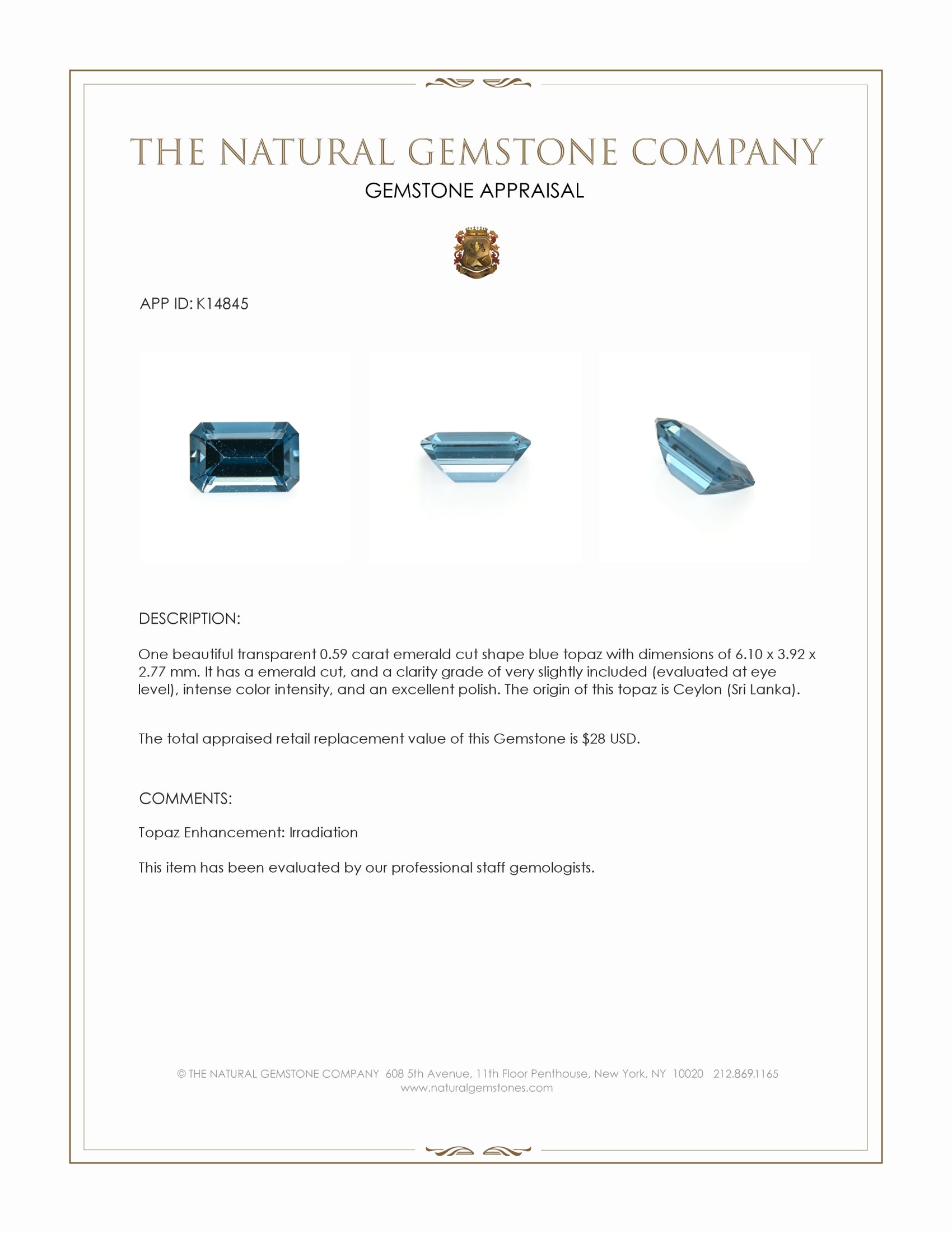 0.59 Ct. London Blue Topaz from Ceylon (Sri Lanka)
