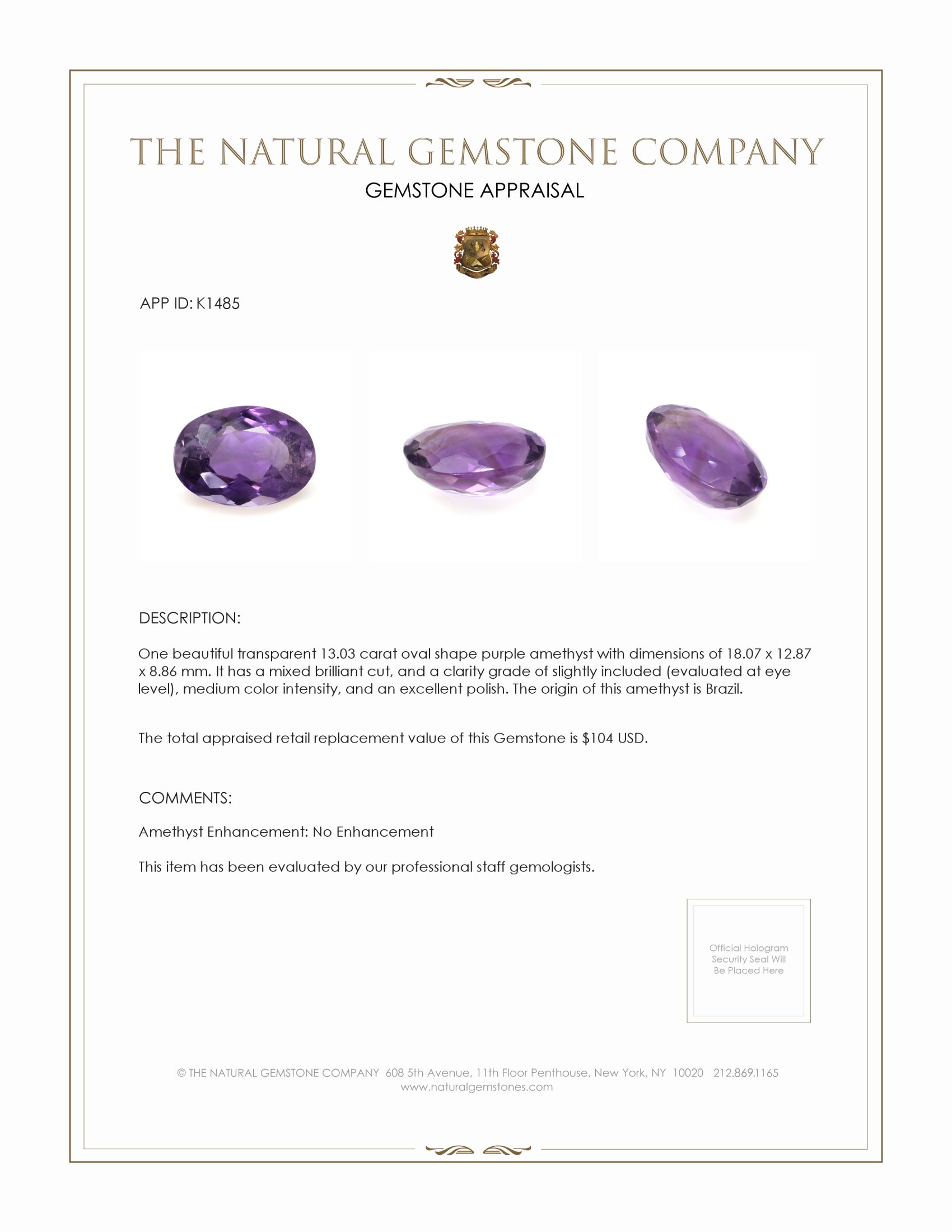 13.03 Ct. Amethyst from Brazil