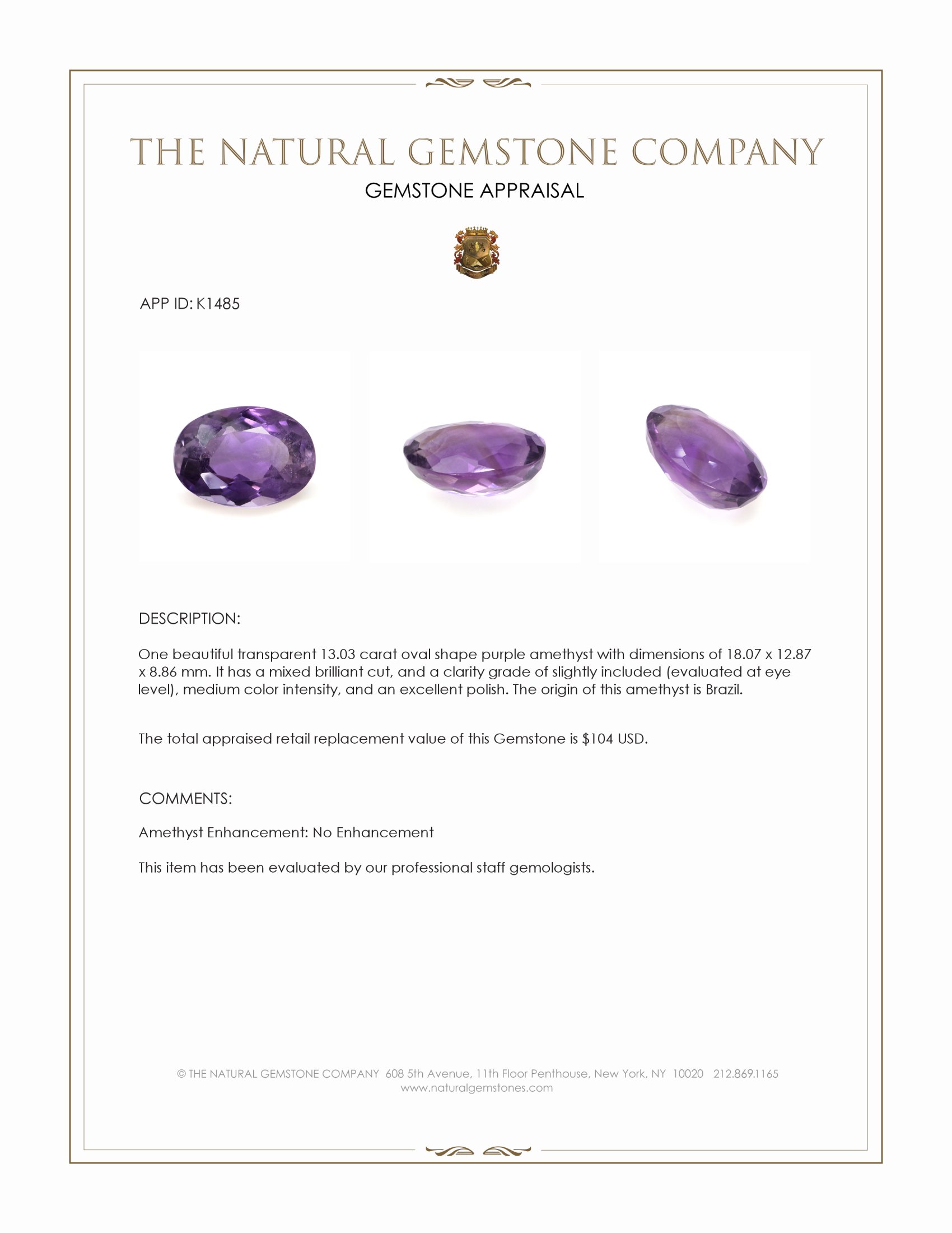 13.03 Ct. Amethyst from Brazil