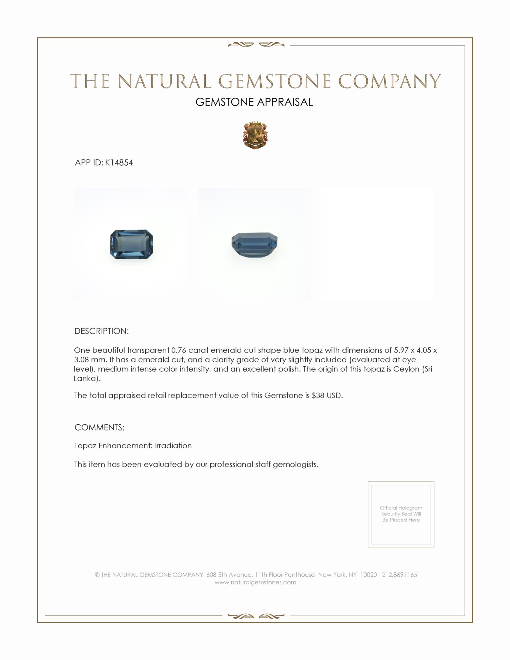 0.76 Ct. Topaz from Ceylon (Sri Lanka)