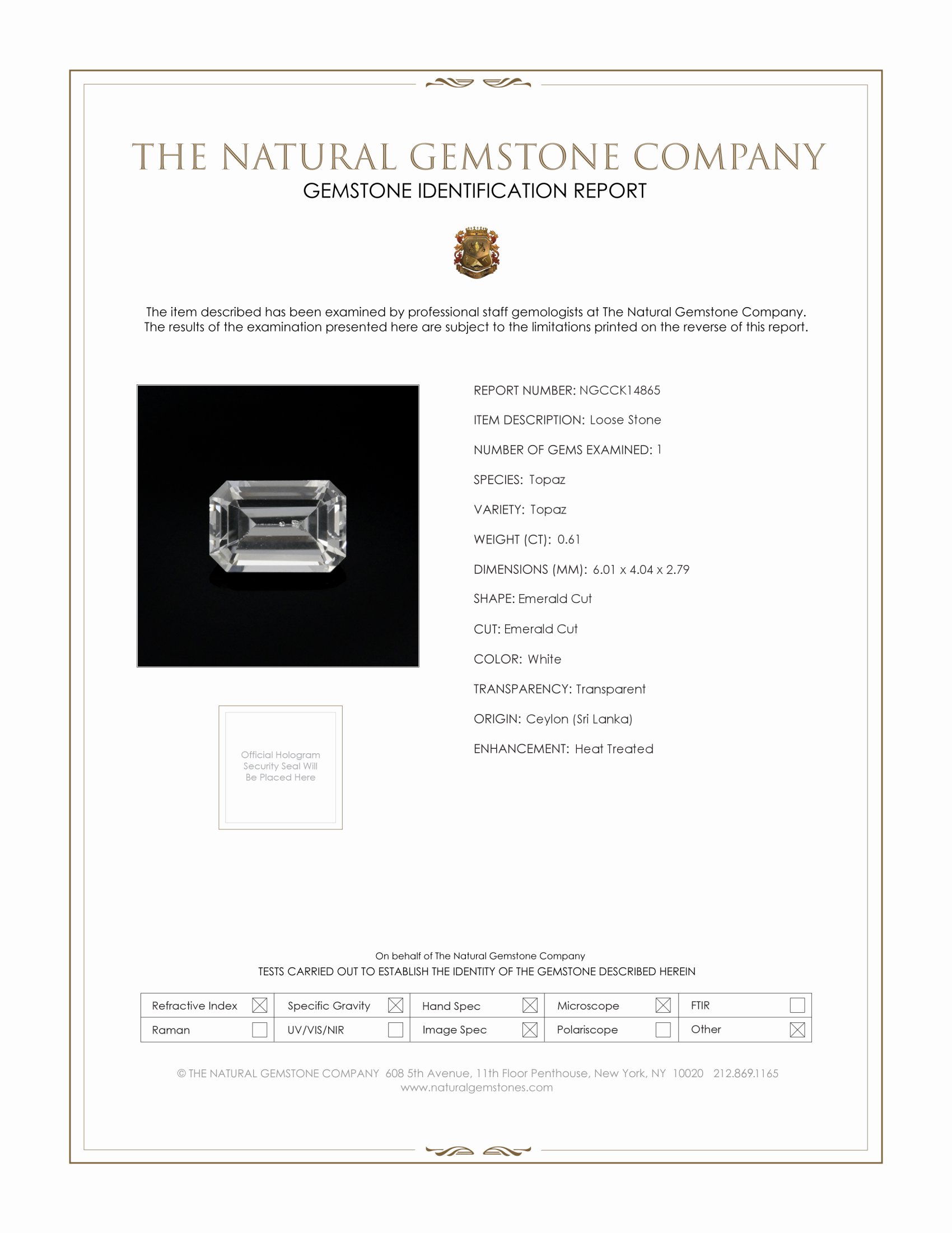 0.61 Ct. White Topaz from Ceylon (Sri Lanka)