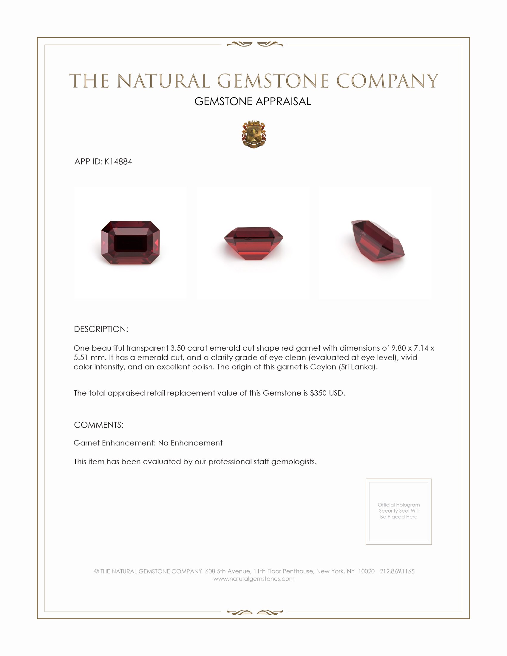 3.50 Ct. Garnet from Ceylon (Sri Lanka)