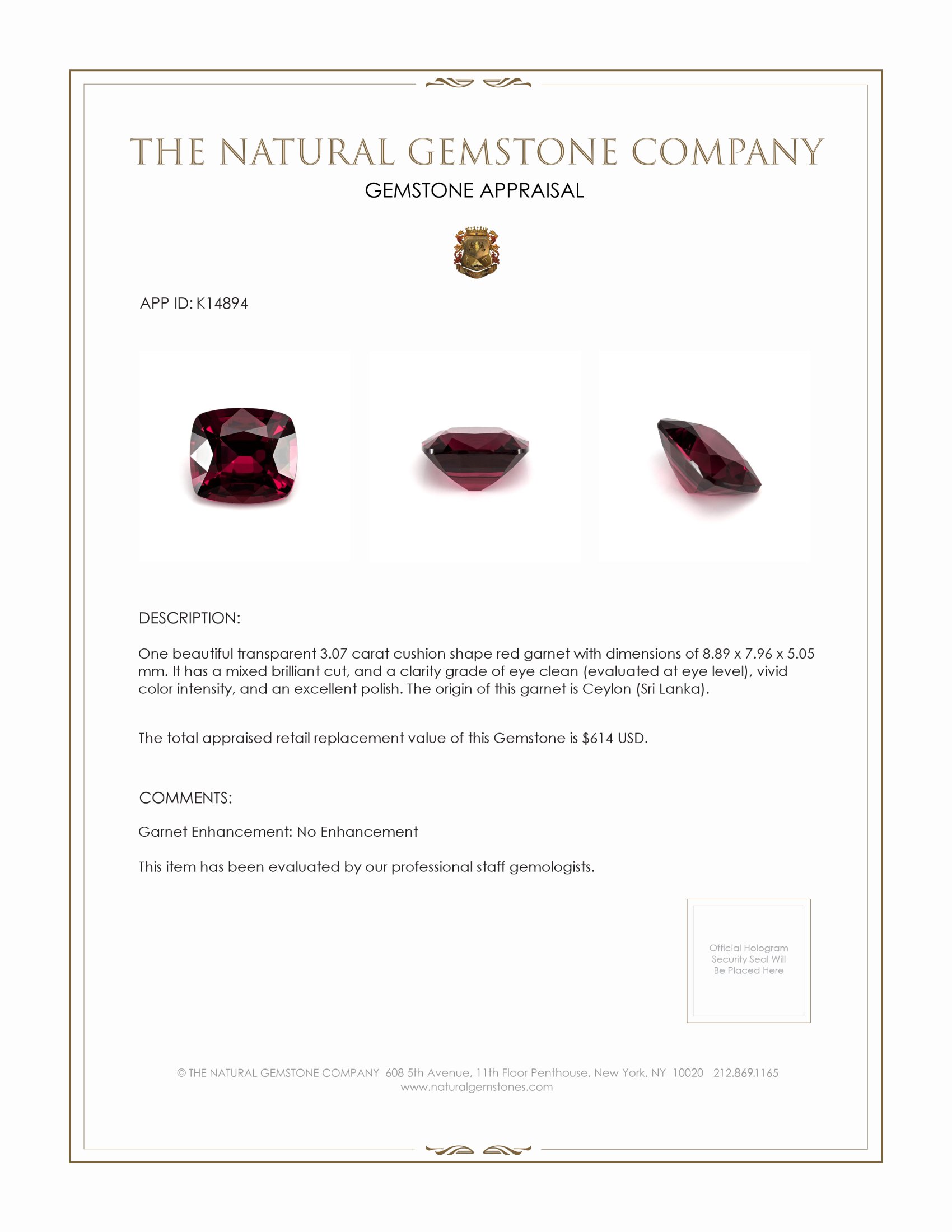 3.07 Ct. Garnet from Ceylon (Sri Lanka)