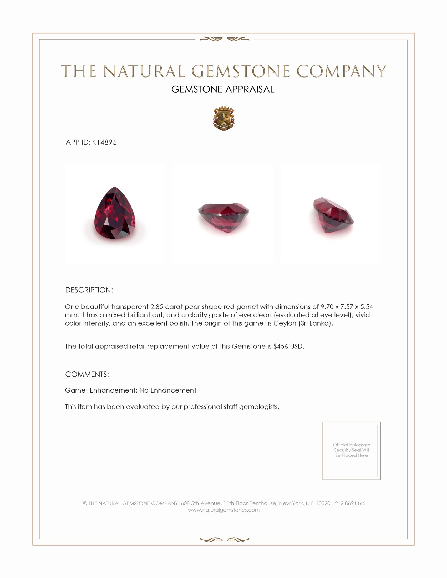 2.85 Ct. Garnet from Ceylon (Sri Lanka)