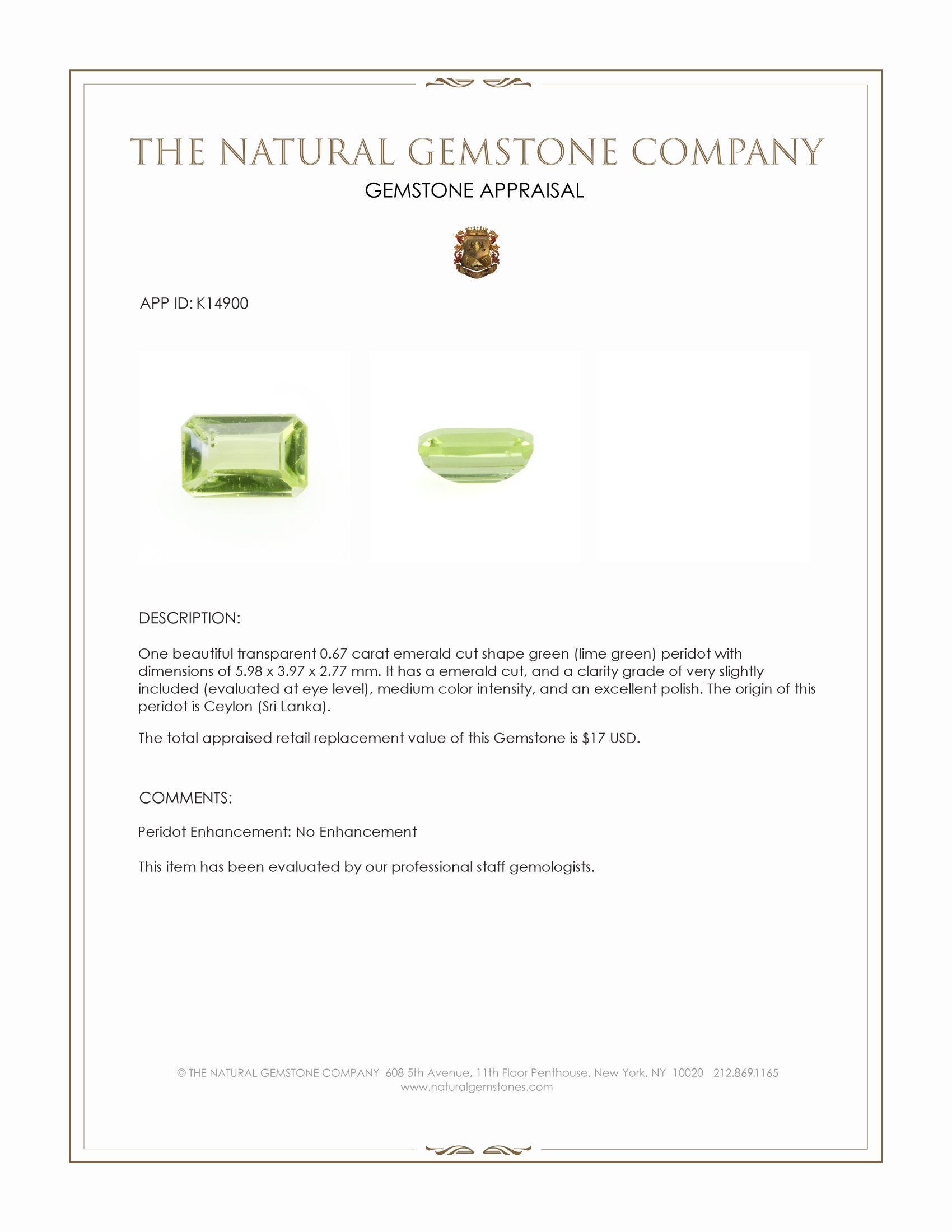 0.67 Ct. Green (Lime Green) Peridot from Ceylon (Sri Lanka)