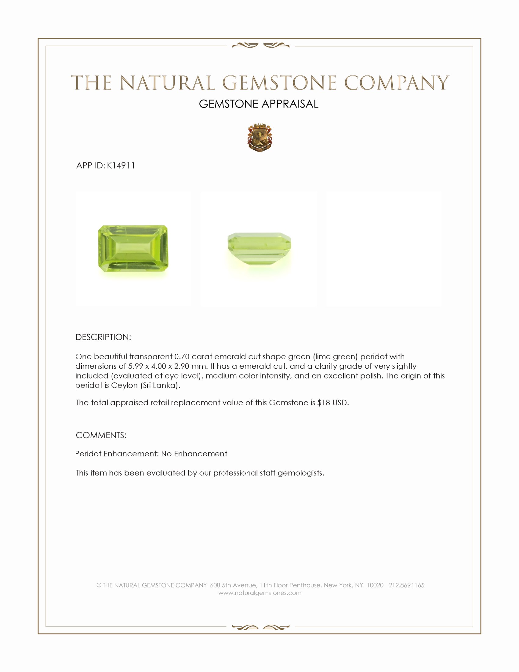 0.70 Ct. Green (Lime Green) Peridot from Ceylon (Sri Lanka)