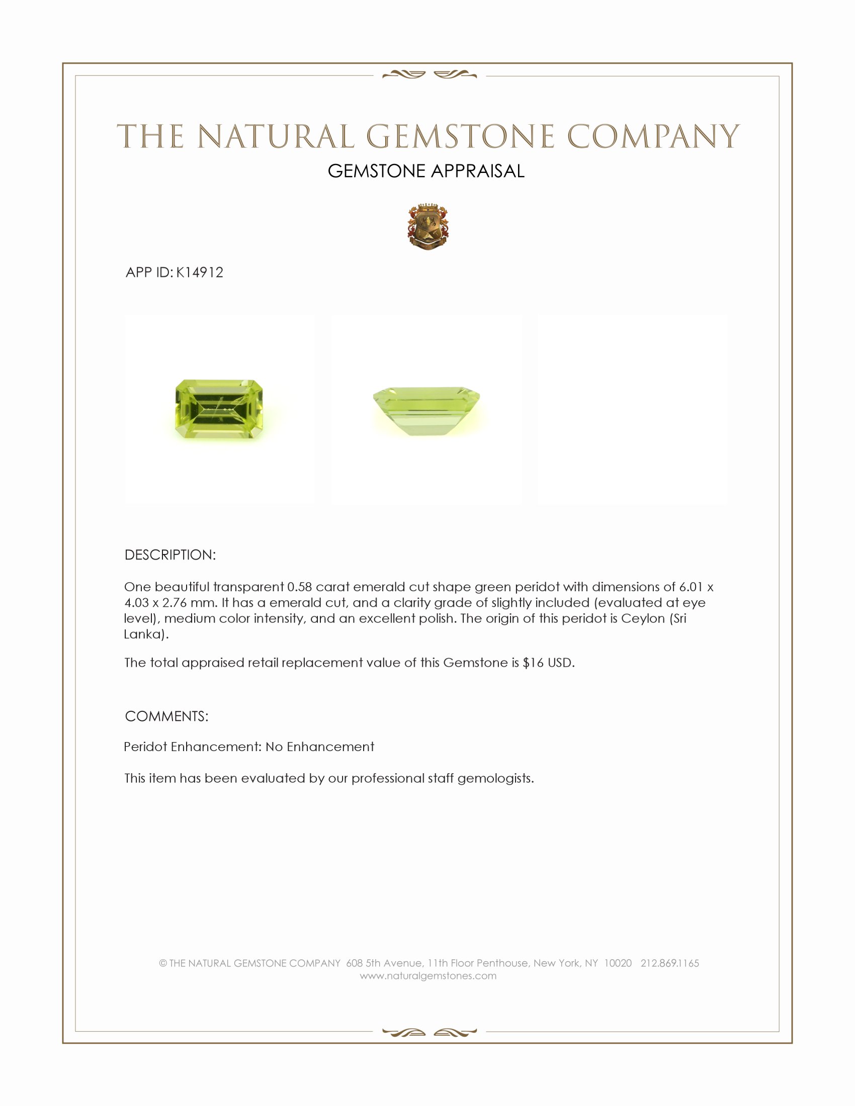 0.58 Ct. Peridot from Ceylon (Sri Lanka)