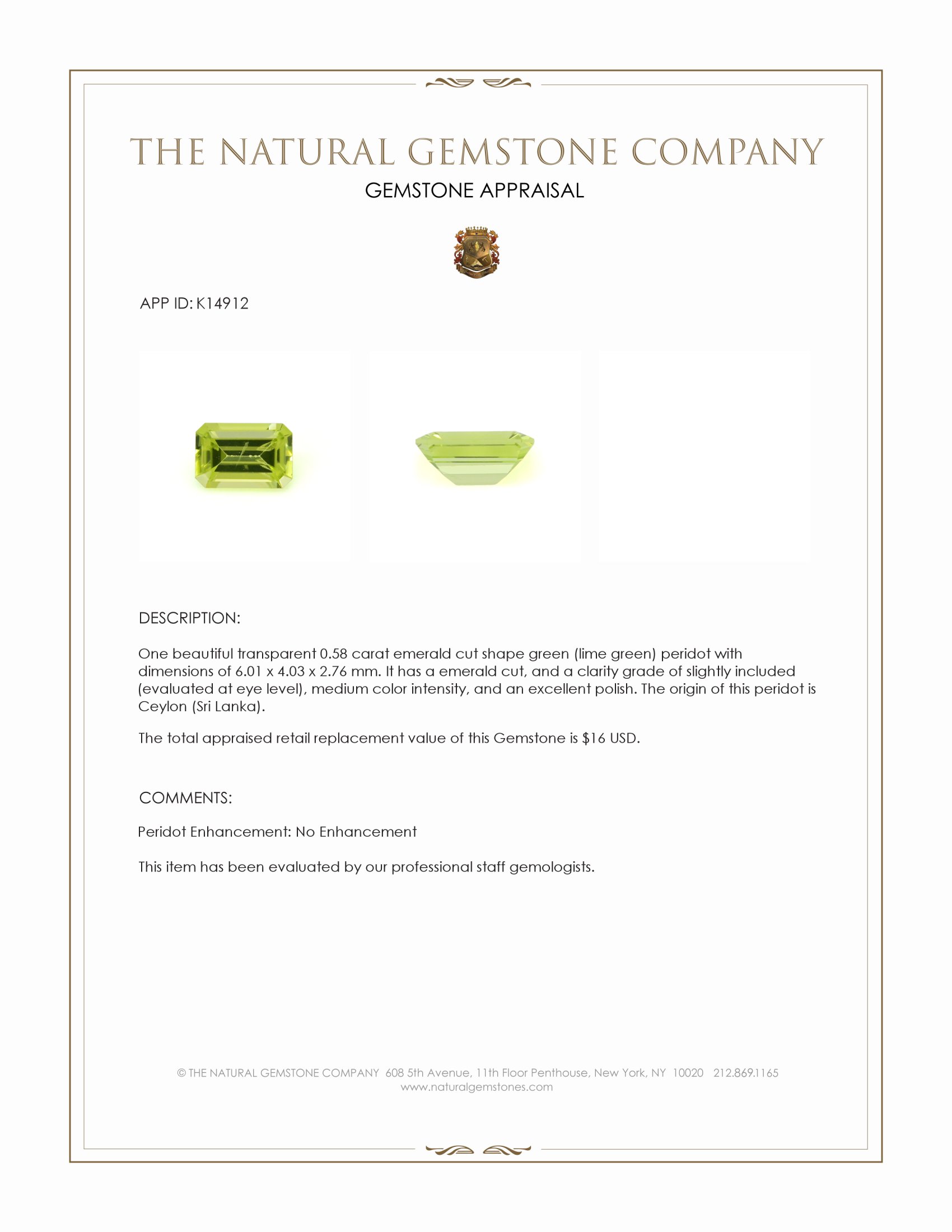 0.58 Ct. Green (Lime Green) Peridot from Ceylon (Sri Lanka)
