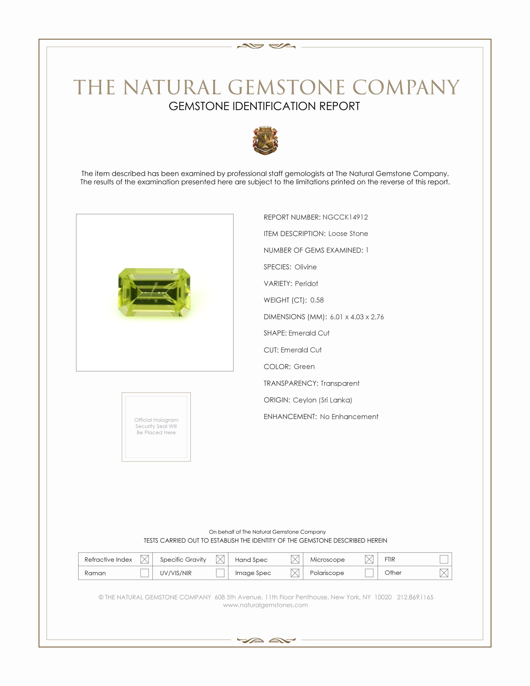 0.58 Ct. Green Peridot from Ceylon (Sri Lanka)