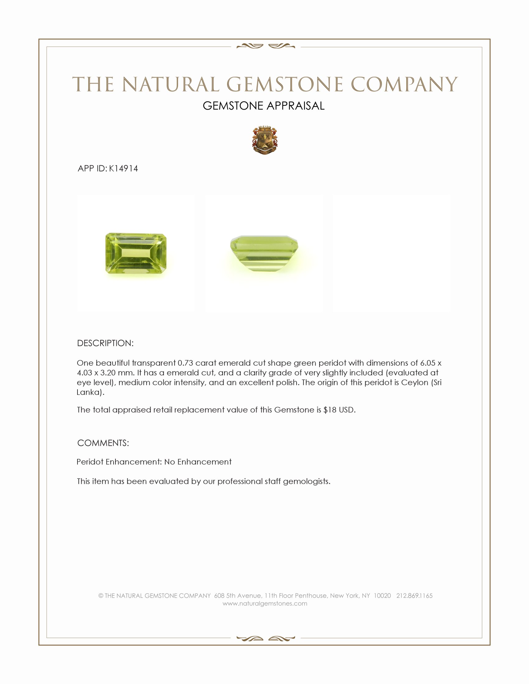 0.73 Ct. Peridot from Ceylon (Sri Lanka)