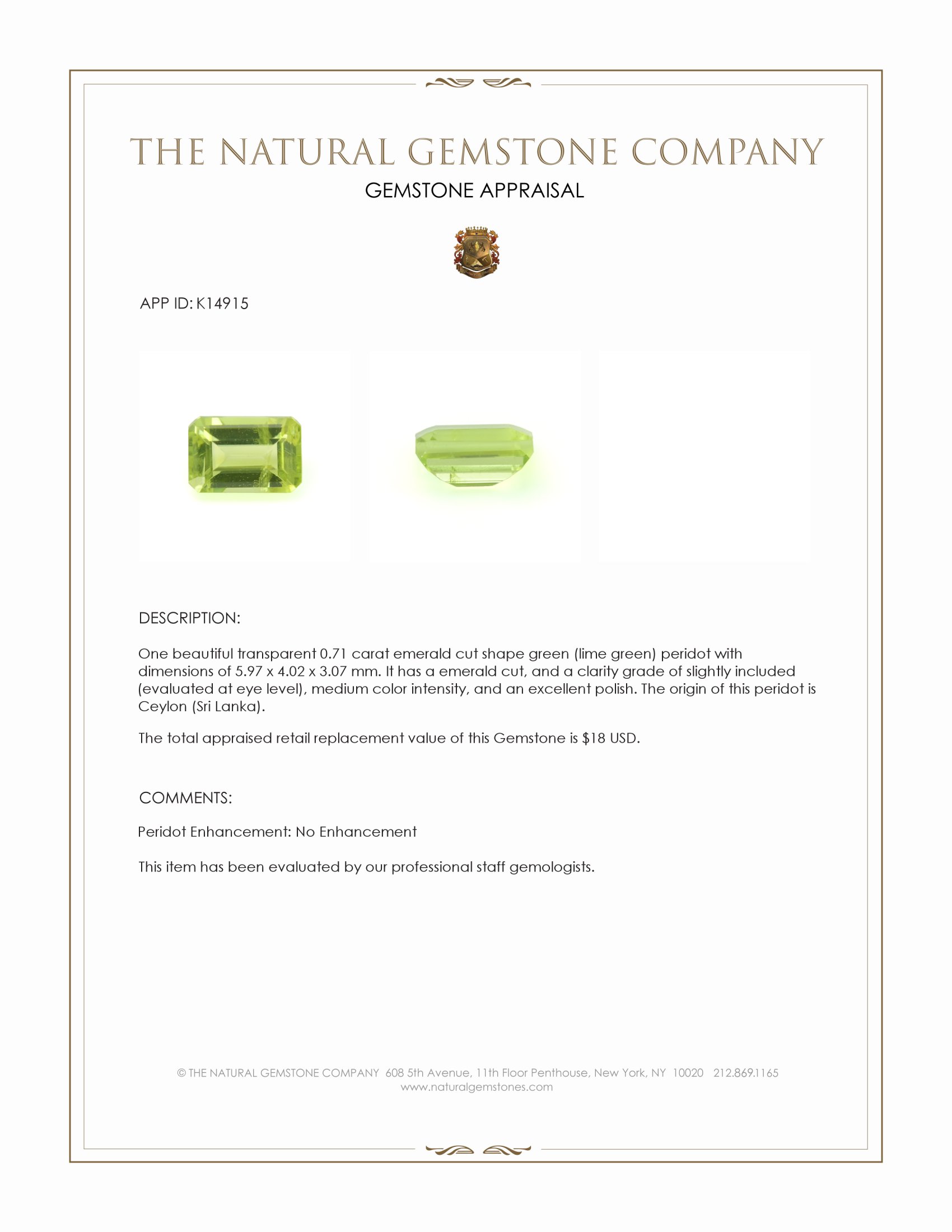 0.71 Ct. Green (Lime Green) Peridot from Ceylon (Sri Lanka)