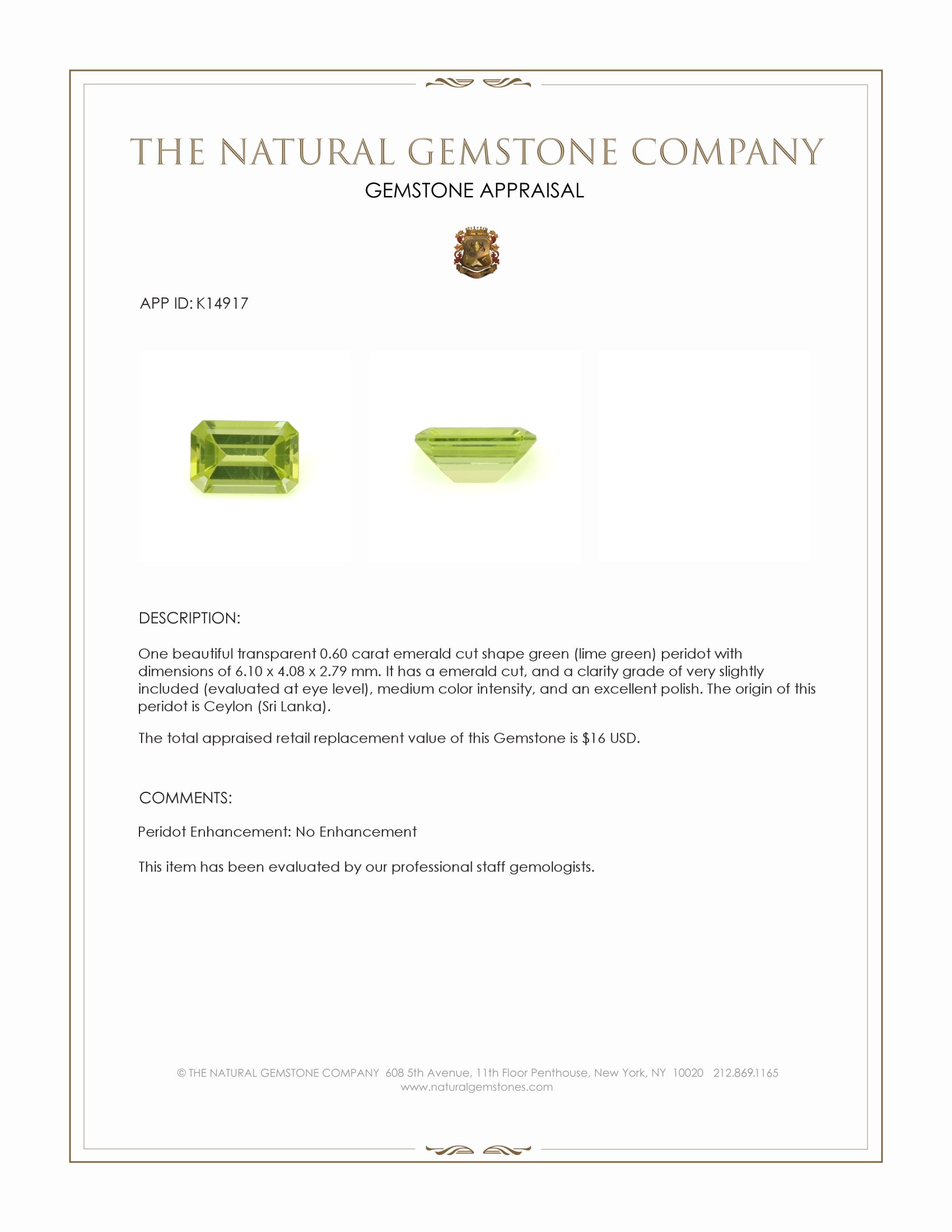 0.60 Ct. Green (Lime Green) Peridot from Ceylon (Sri Lanka)