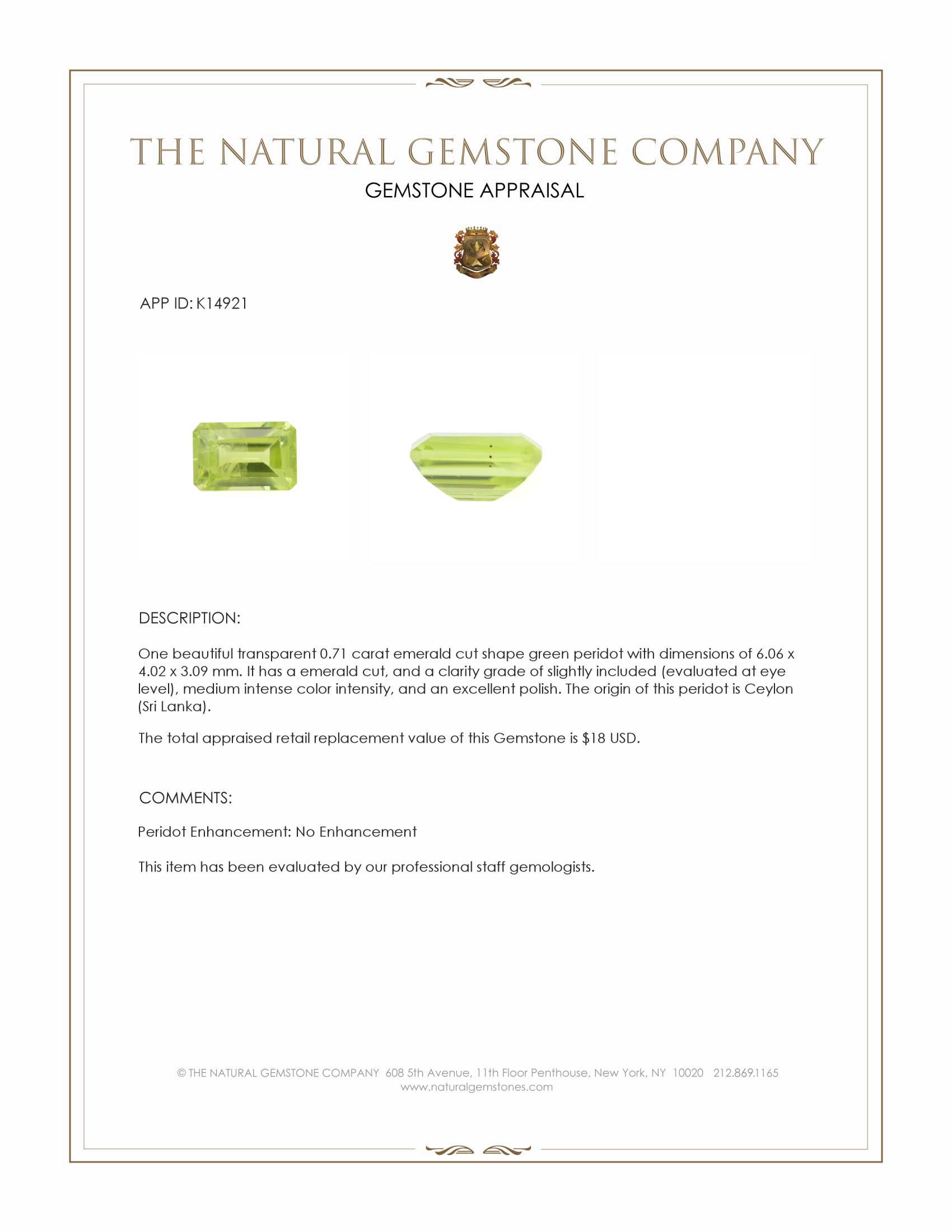 0.71 Ct. Green (Lime Green) Peridot from Ceylon (Sri Lanka)
