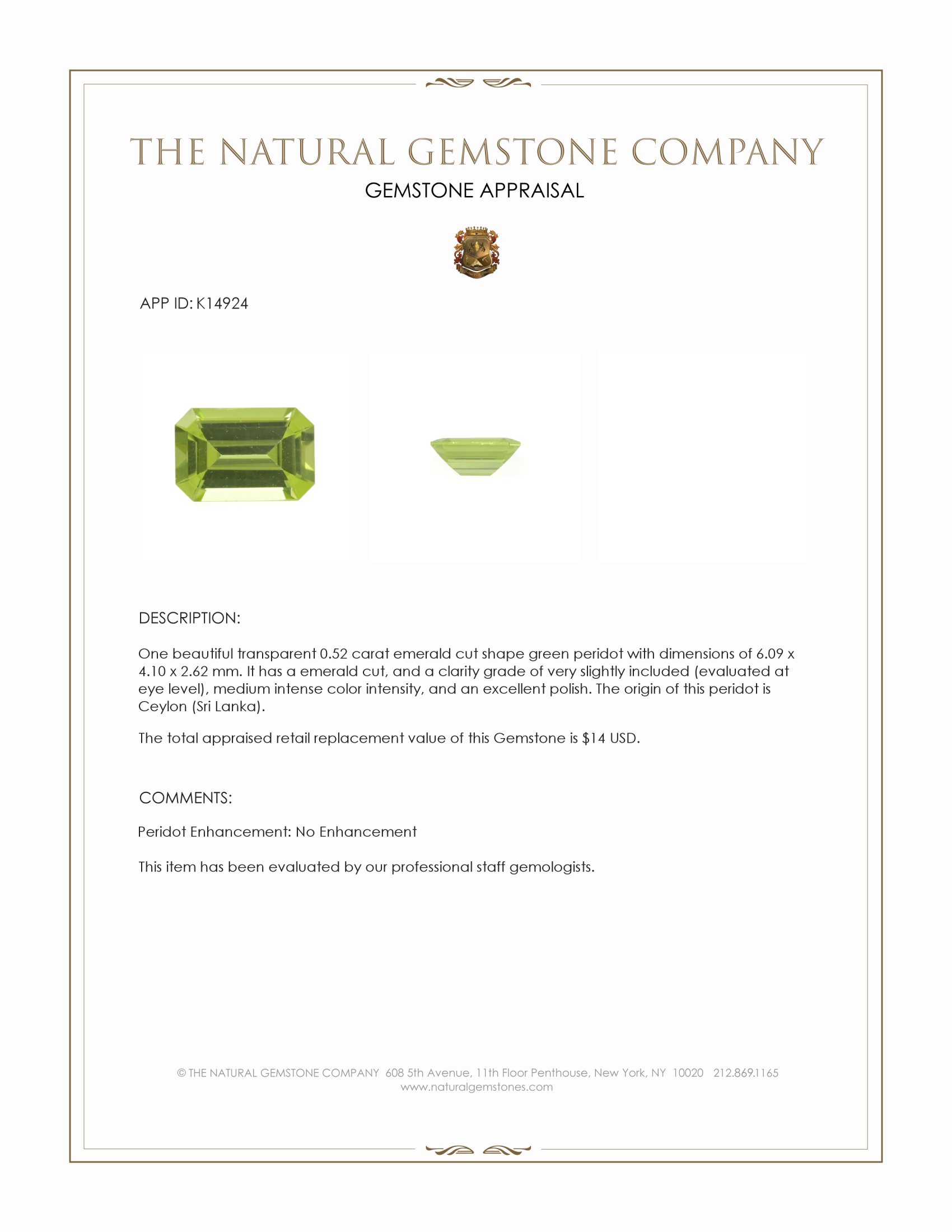 0.52 Ct. Green (Lime Green) Peridot from Ceylon (Sri Lanka)