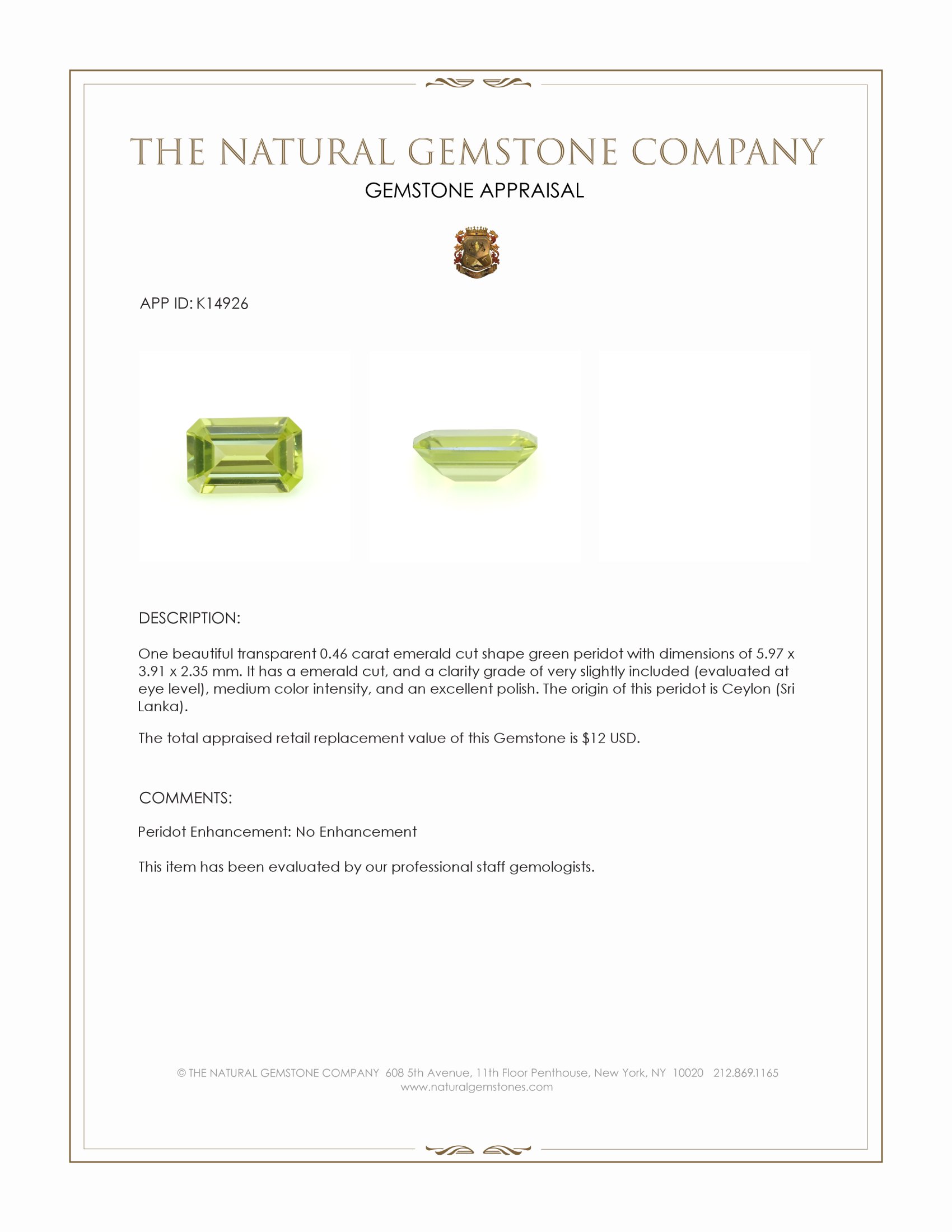 0.46 Ct. Green Peridot from Ceylon (Sri Lanka)