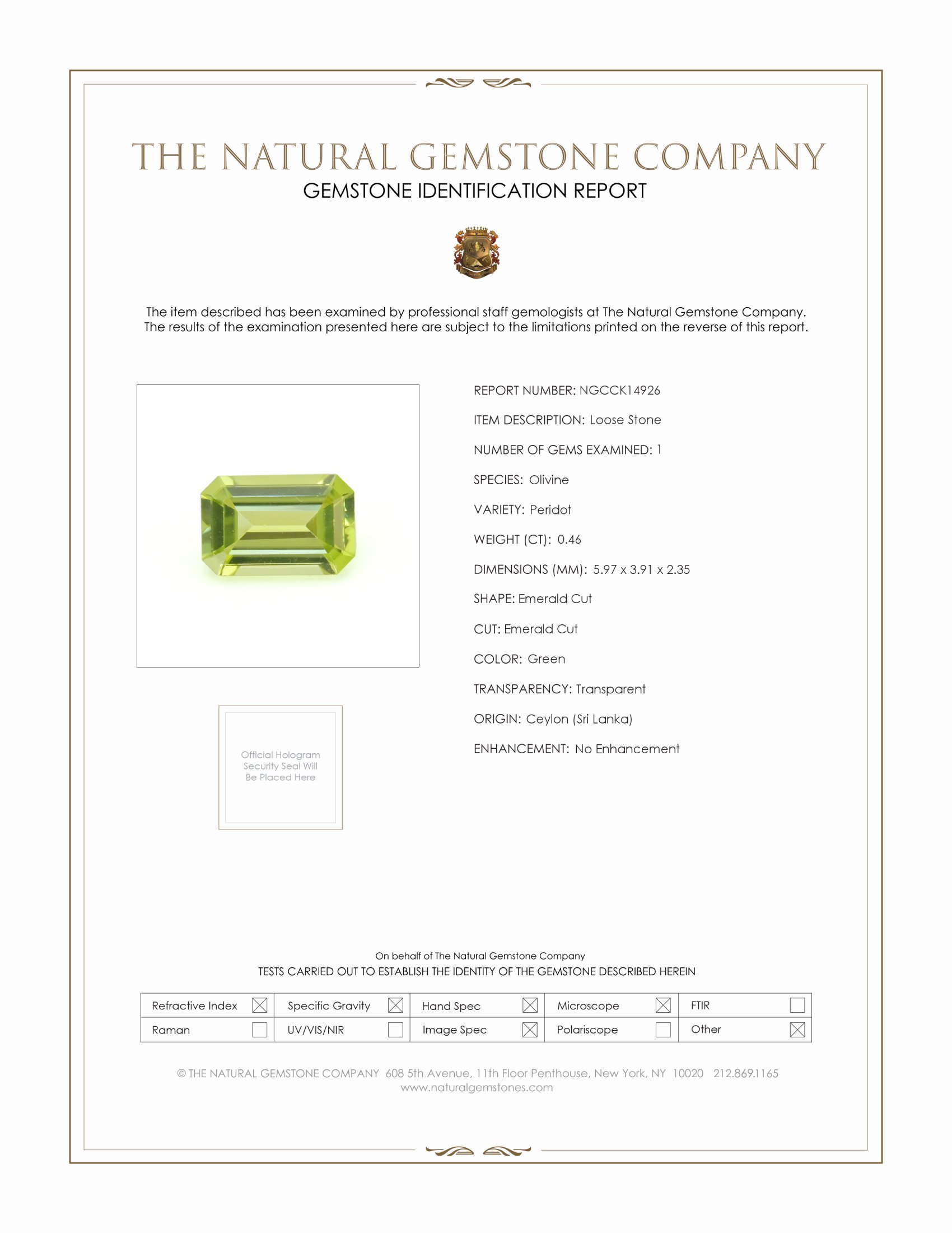 0.46 Ct. Green Peridot from Ceylon (Sri Lanka)