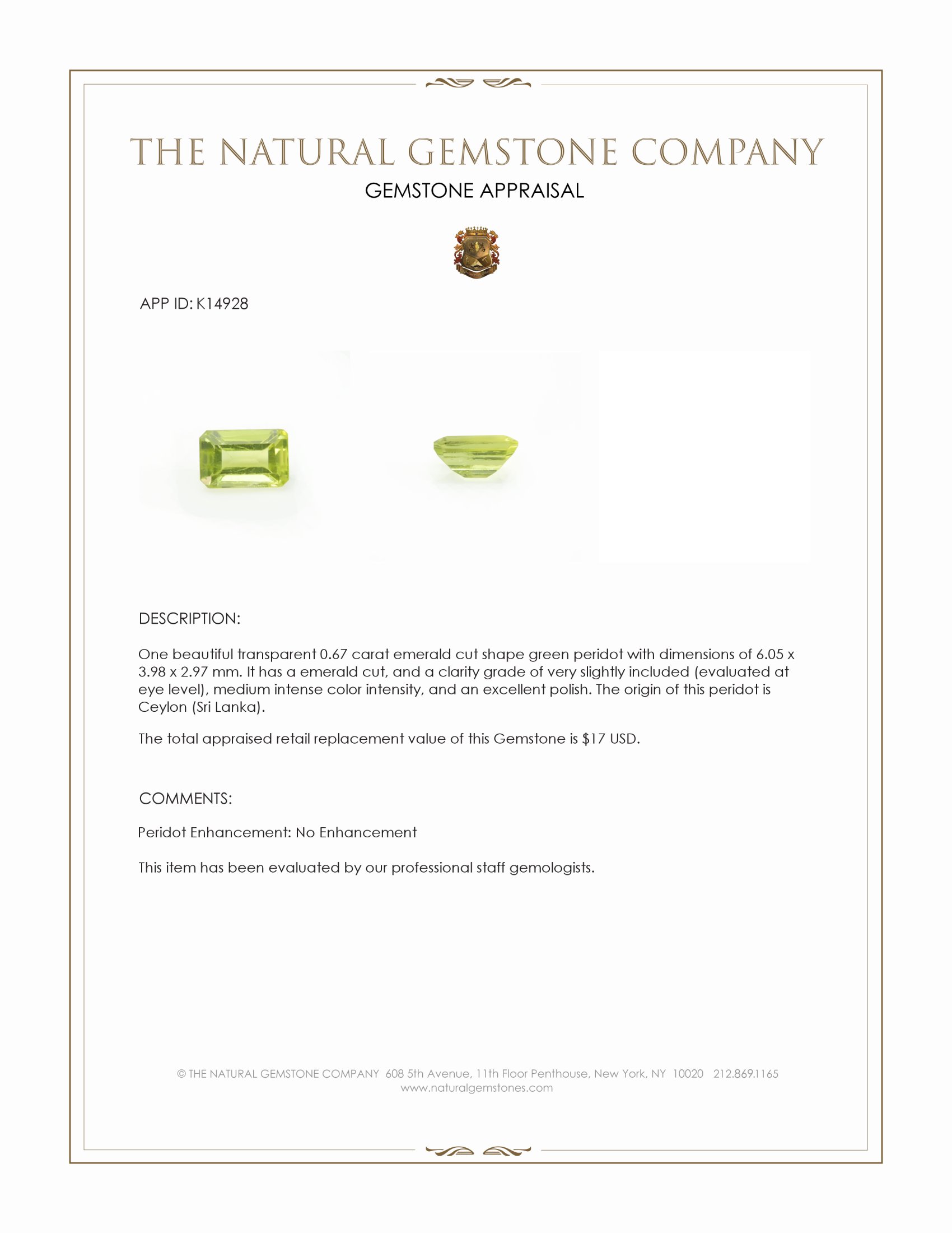 0.67 Ct. Peridot from Ceylon (Sri Lanka)