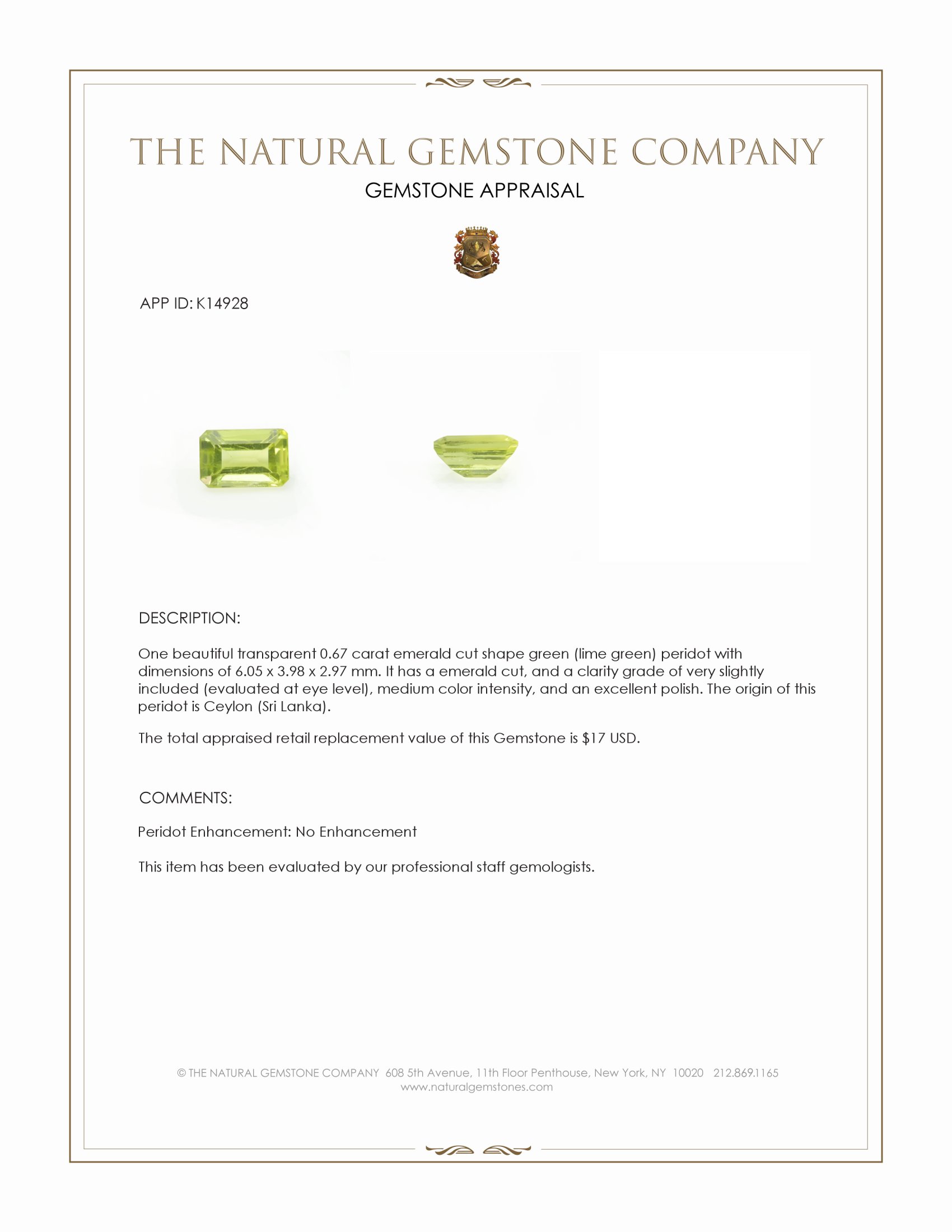 0.67 Ct. Green (Lime Green) Peridot from Ceylon (Sri Lanka)
