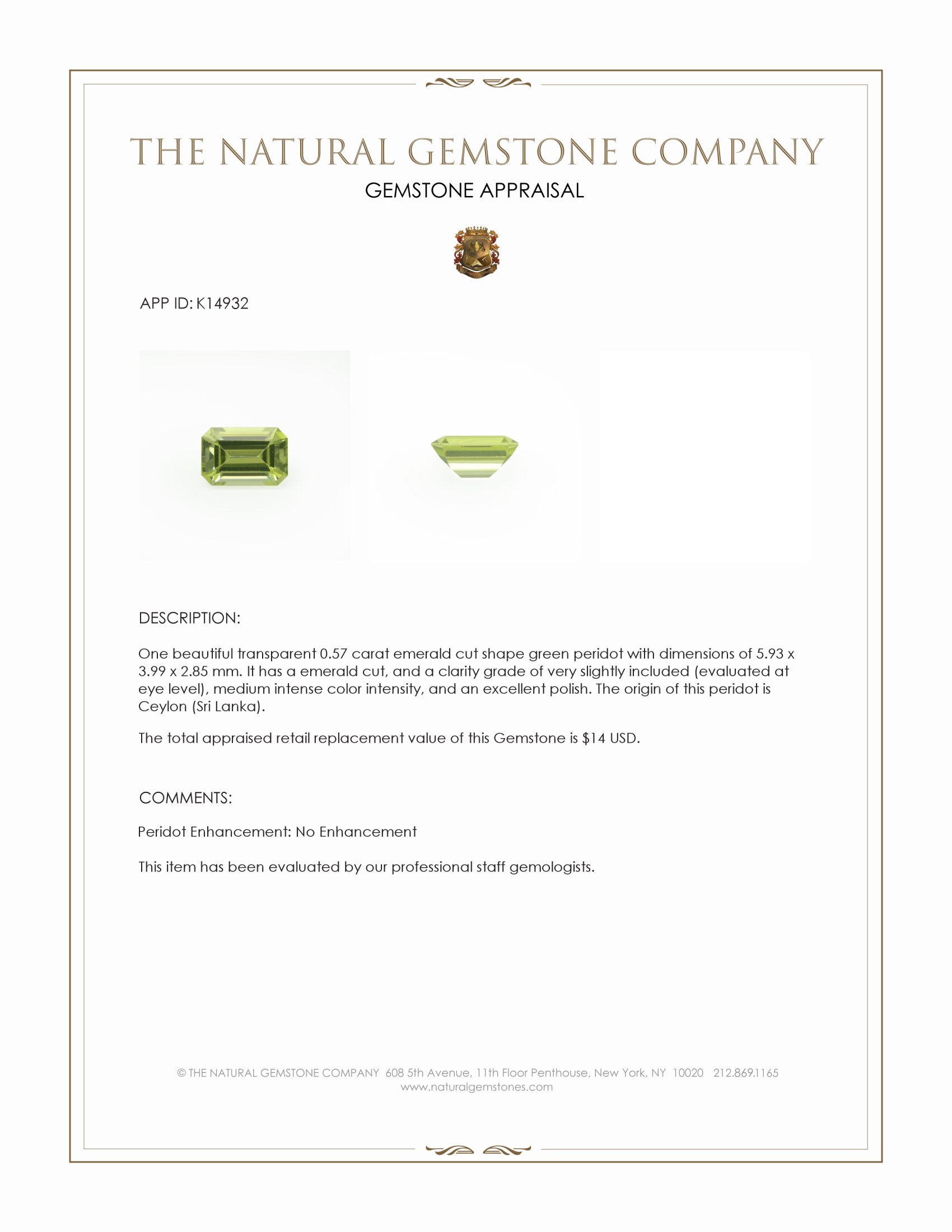 0.57 Ct. Green (Lime Green) Peridot from Ceylon (Sri Lanka)