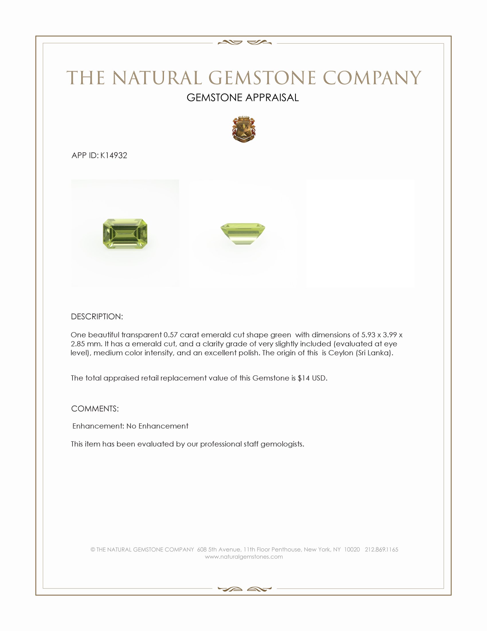 0.57 Ct. Green Peridot from Ceylon (Sri Lanka)