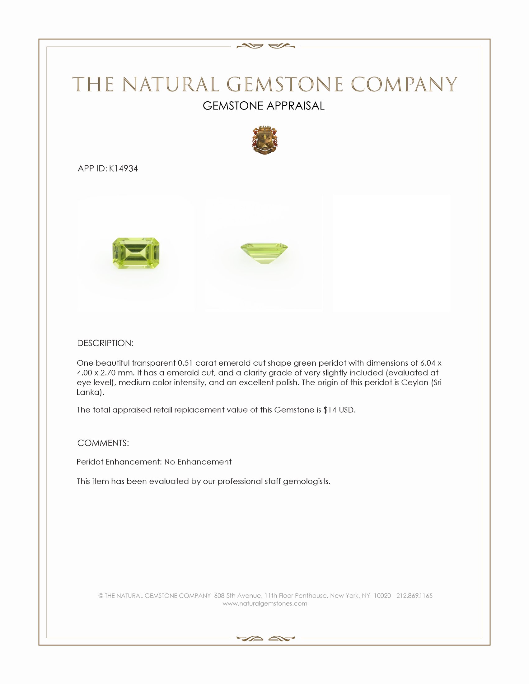 0.51 Ct. Green (Lime Green) Peridot from Ceylon (Sri Lanka)