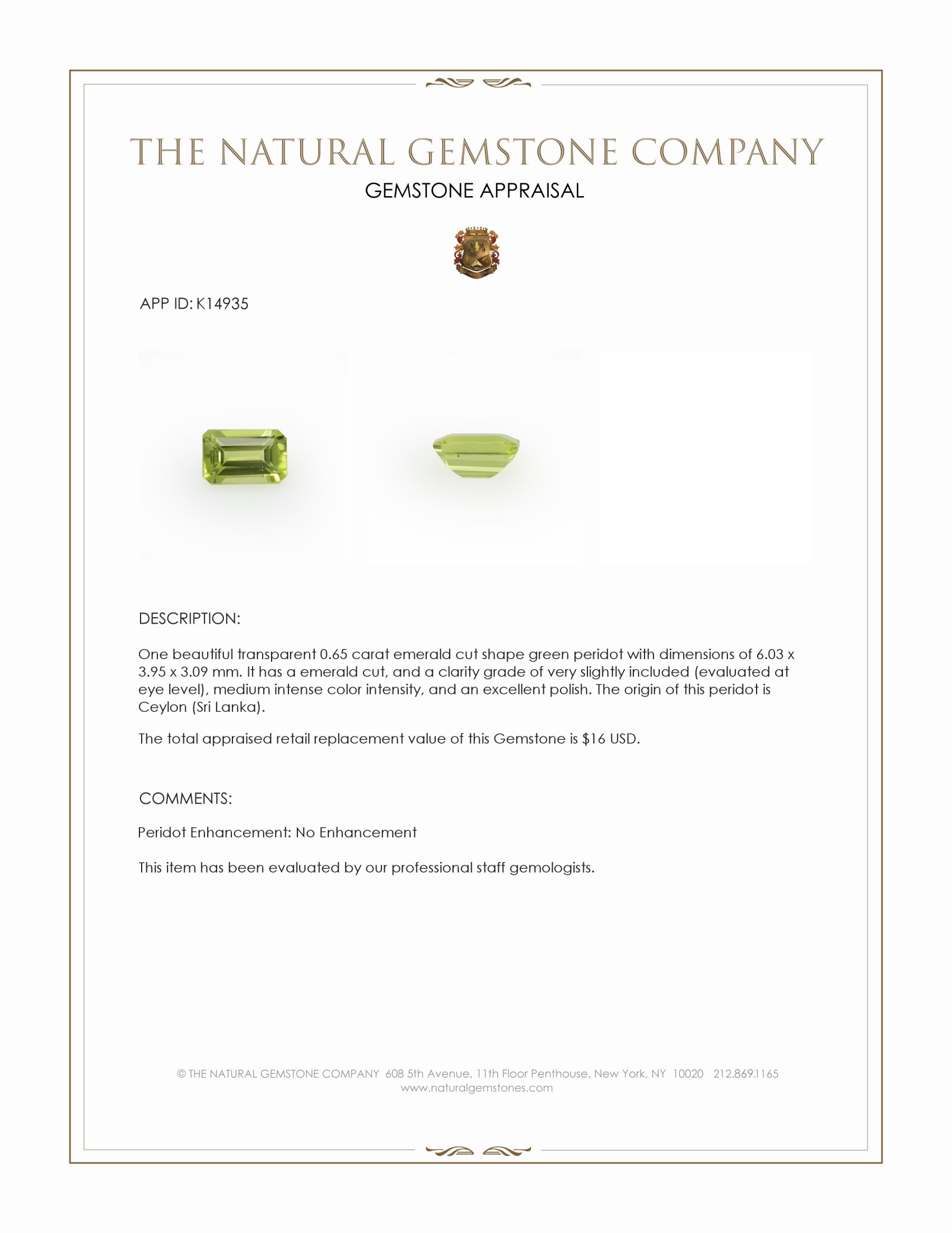 0.65 Ct. Peridot from Ceylon (Sri Lanka)