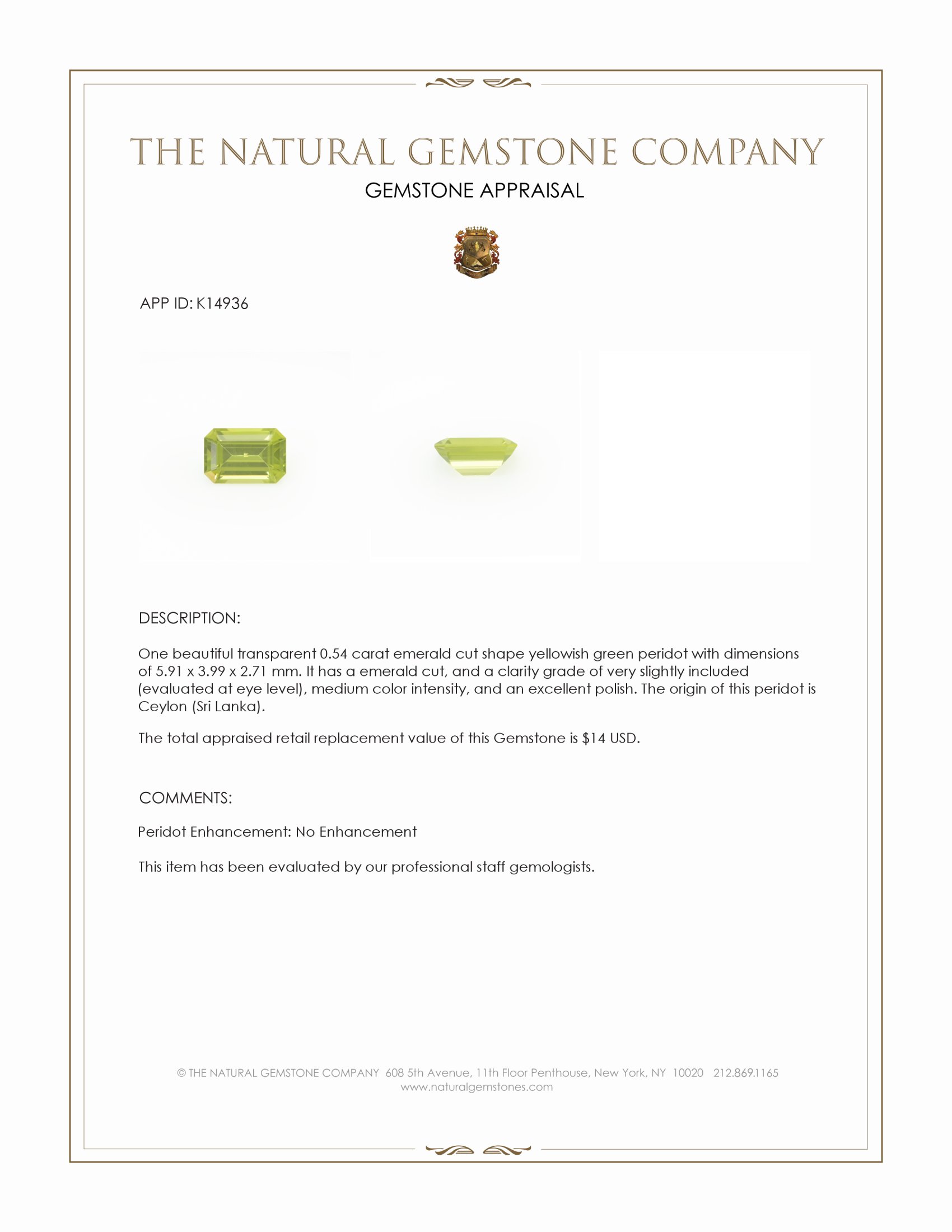 0.54 Ct. Peridot from Ceylon (Sri Lanka)