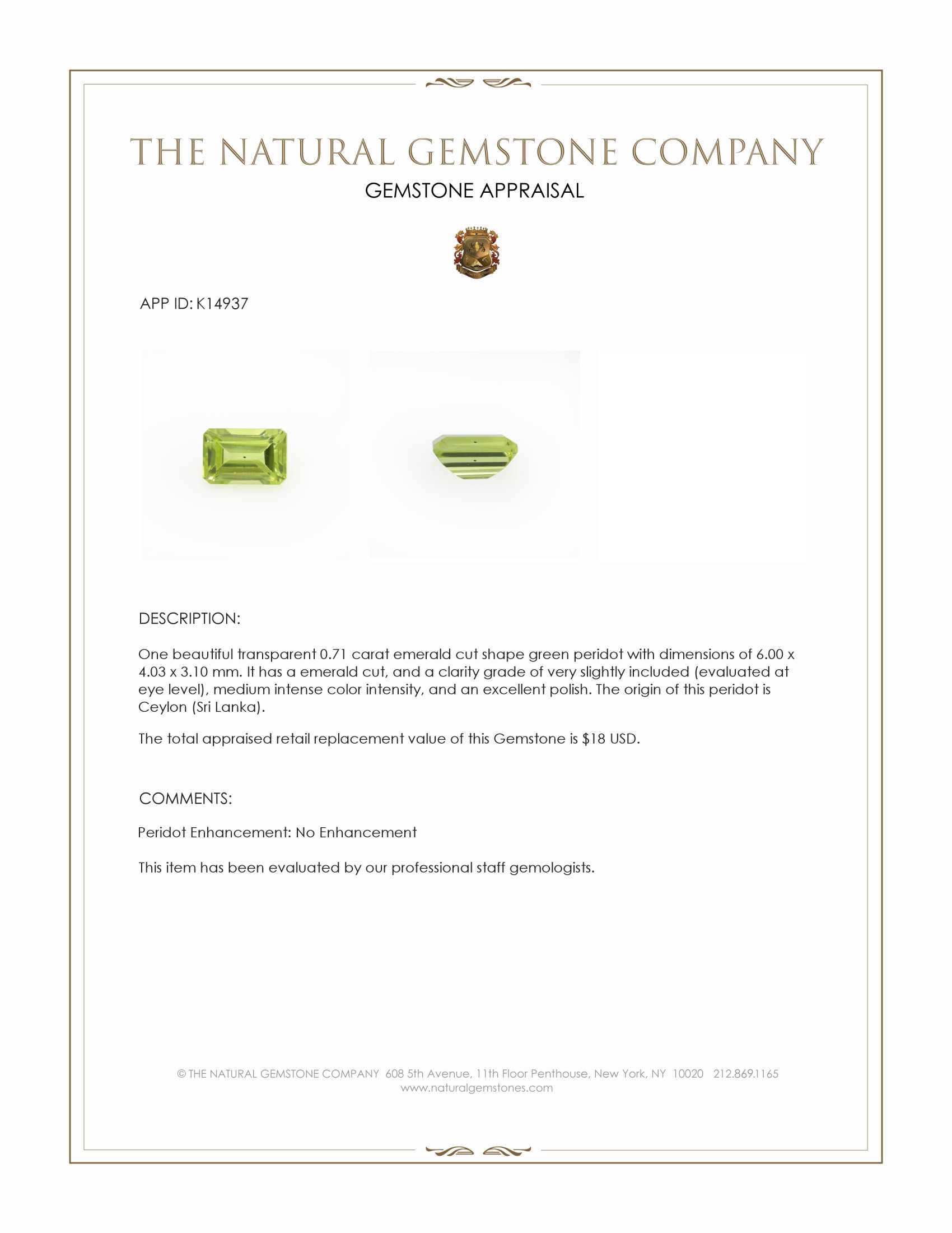 0.71 Ct. Green (Lime Green) Peridot from Ceylon (Sri Lanka)