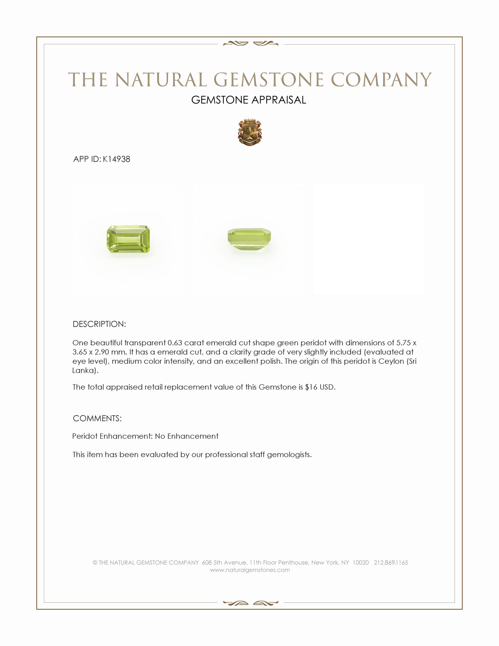 0.63 Ct. Peridot from Ceylon (Sri Lanka)