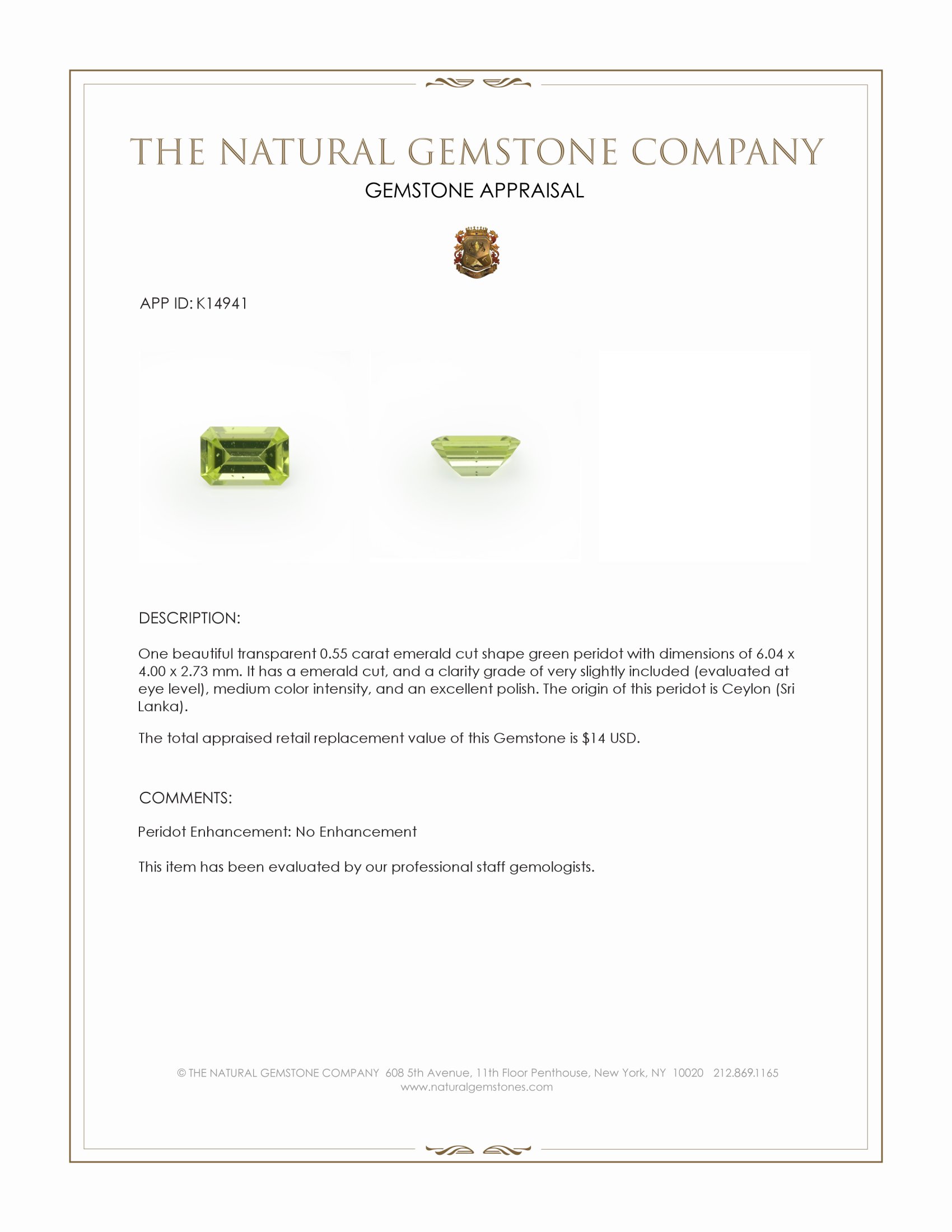 0.55 Ct. Green (Lime Green) Peridot from Ceylon (Sri Lanka)
