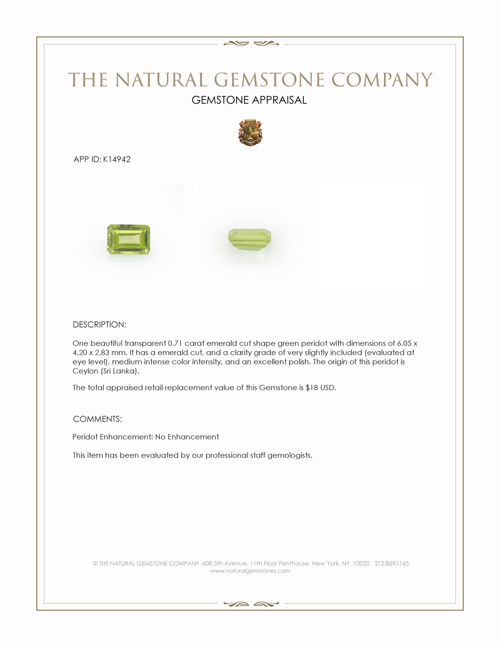 0.71 Ct. Green (Lime Green) Peridot from Ceylon (Sri Lanka)