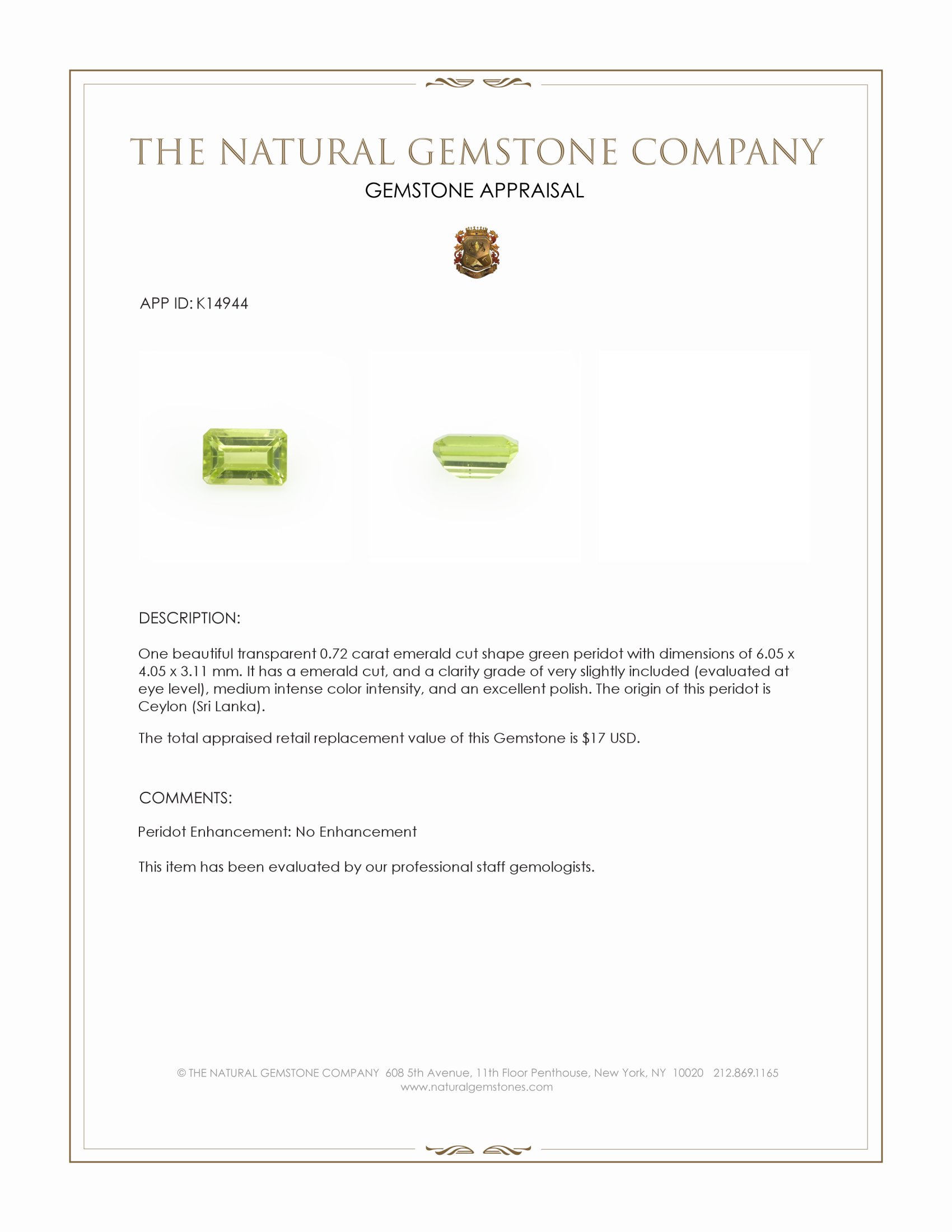 0.72 Ct. Green (Lime Green) Peridot from Ceylon (Sri Lanka)