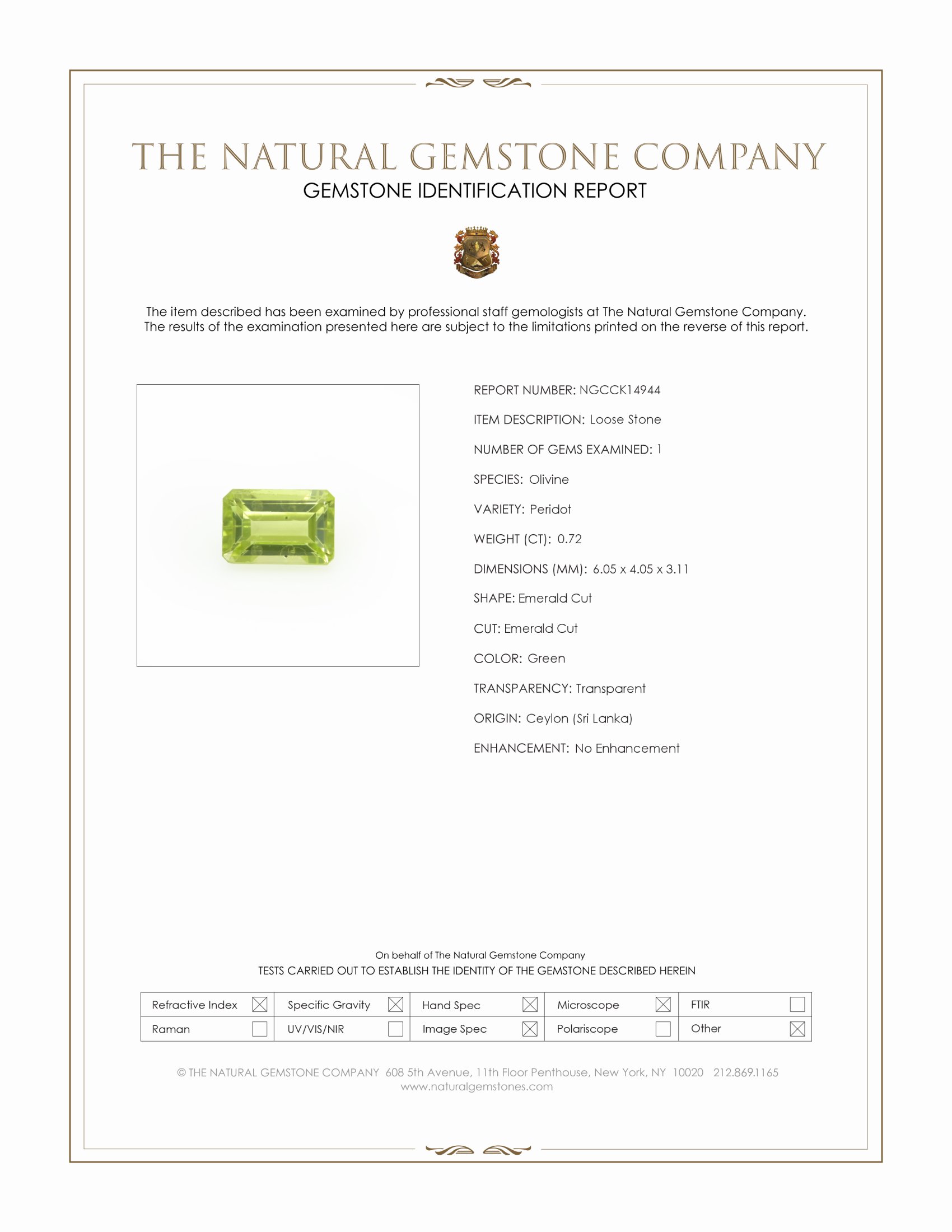 0.72 Ct. Green Peridot from Ceylon (Sri Lanka)