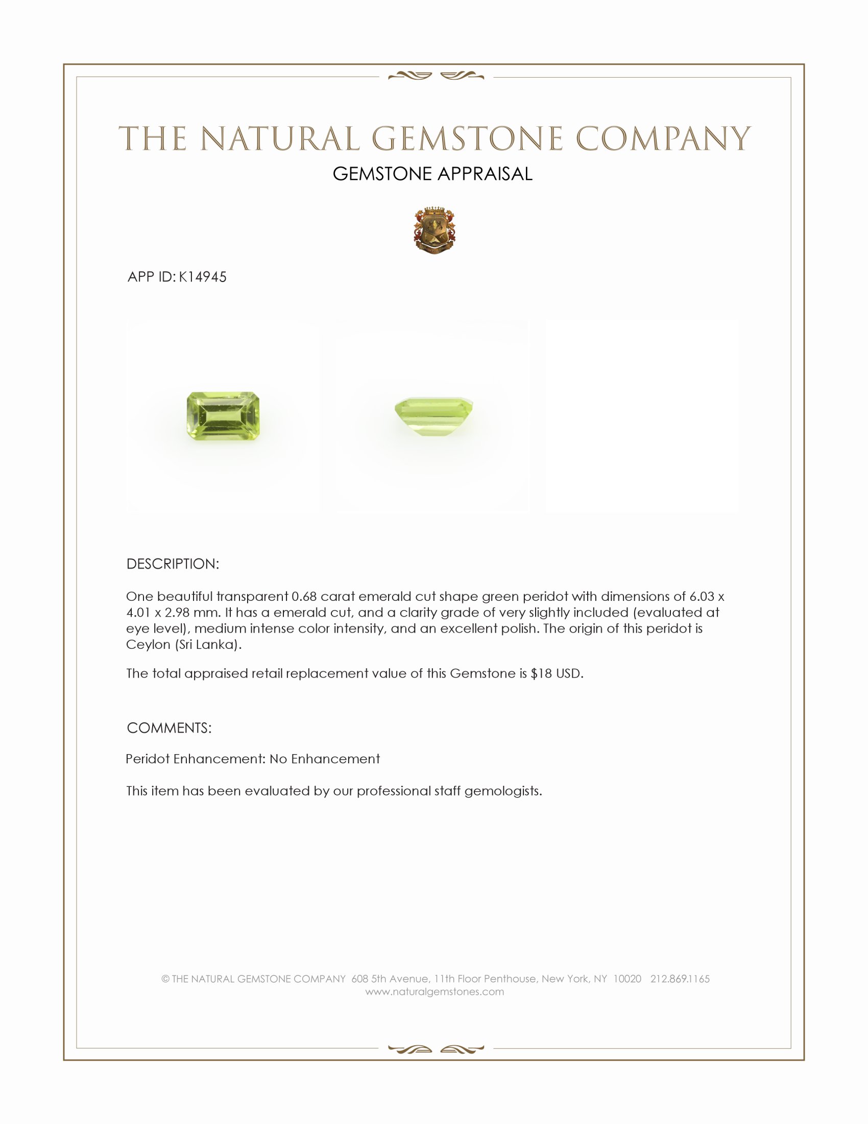 0.68 Ct. Green (Lime Green) Peridot from Ceylon (Sri Lanka)
