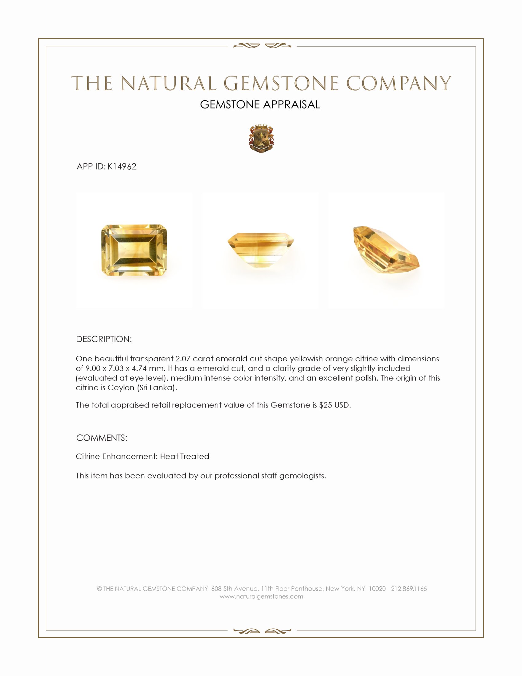 2.07 Ct. Citrine from Ceylon (Sri Lanka)