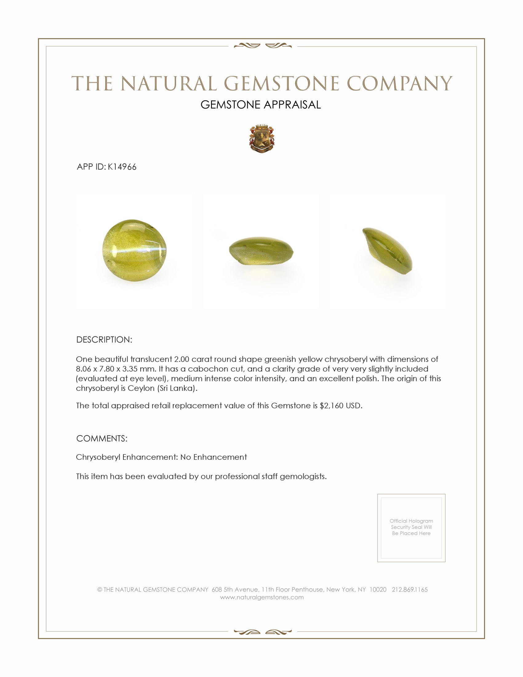 2.00 Ct. Cabochon Chrysoberyl from Ceylon (Sri Lanka)